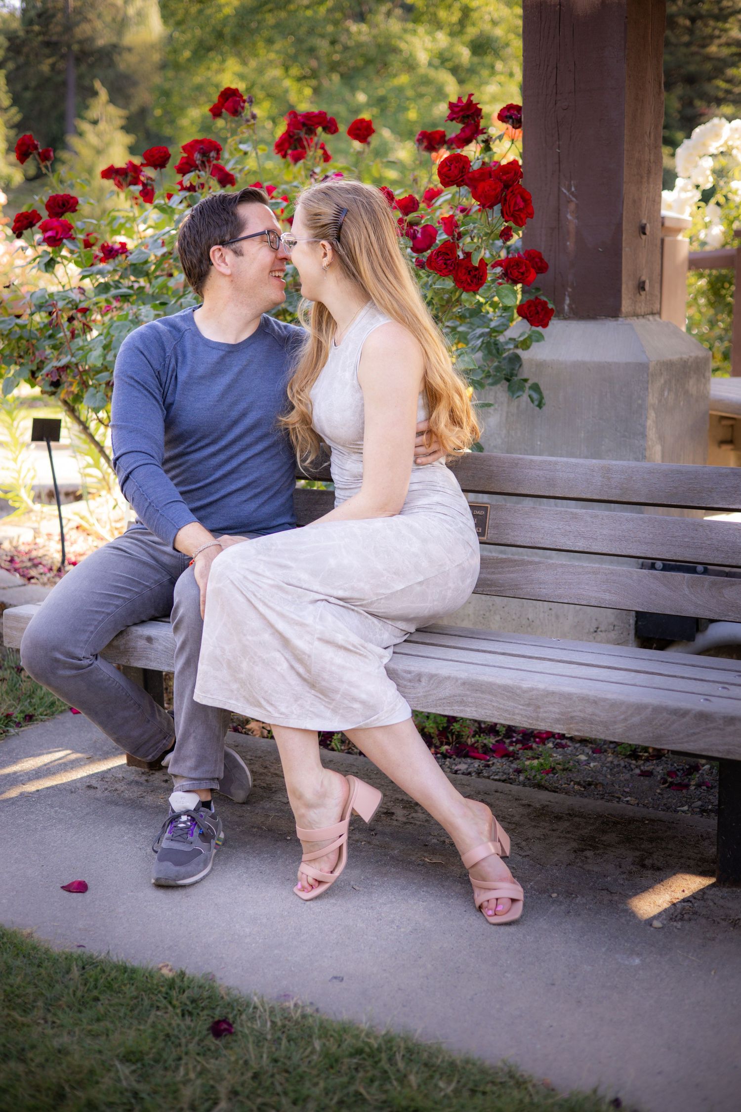 Couple sharing an intimate moment on a bench surrounded by vibrant red roses in a garden setting.