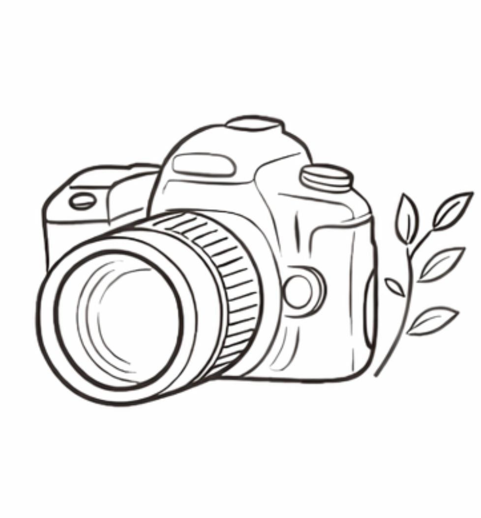 Hand-drawn sketch of a DSLR camera with a leaf motif, featuring a detailed lens and simple line art style.