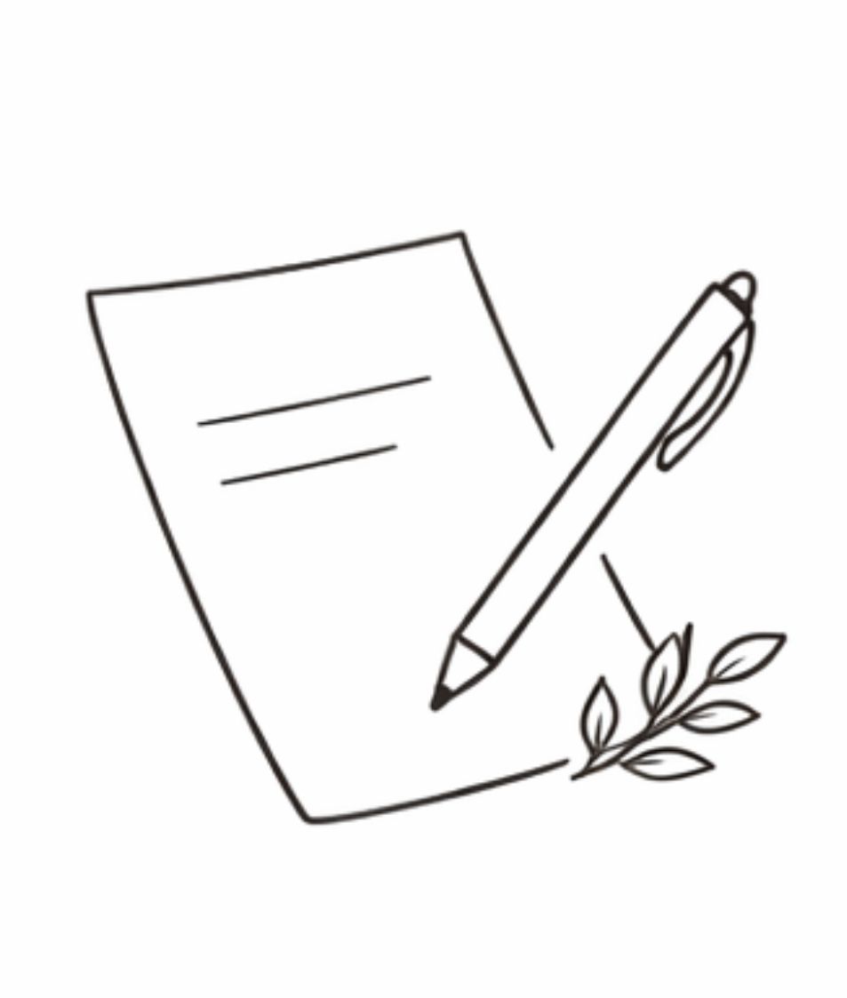 Hand-drawn doodle pattern featuring simple sketches of paper, pencils, and leaves in a repeating design.