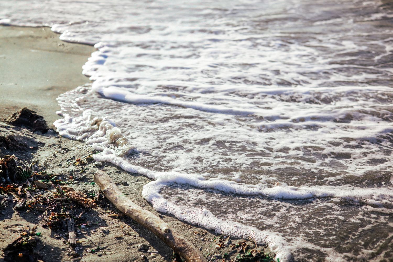 Rocky coastline with waves crashing against shore in muted tones.