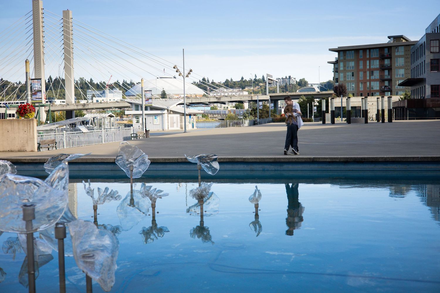 Reflective water surface creates mirror images of buildings and palm trees against a bright blue sky.