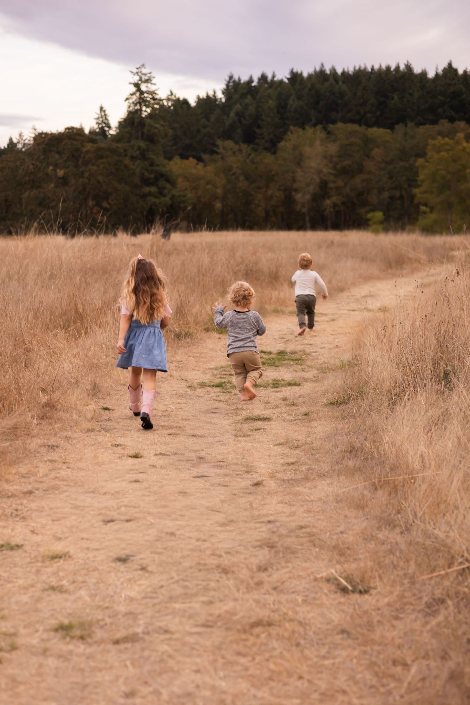 Three children running down a dirt path through golden fields toward a forest on a cloudy day.