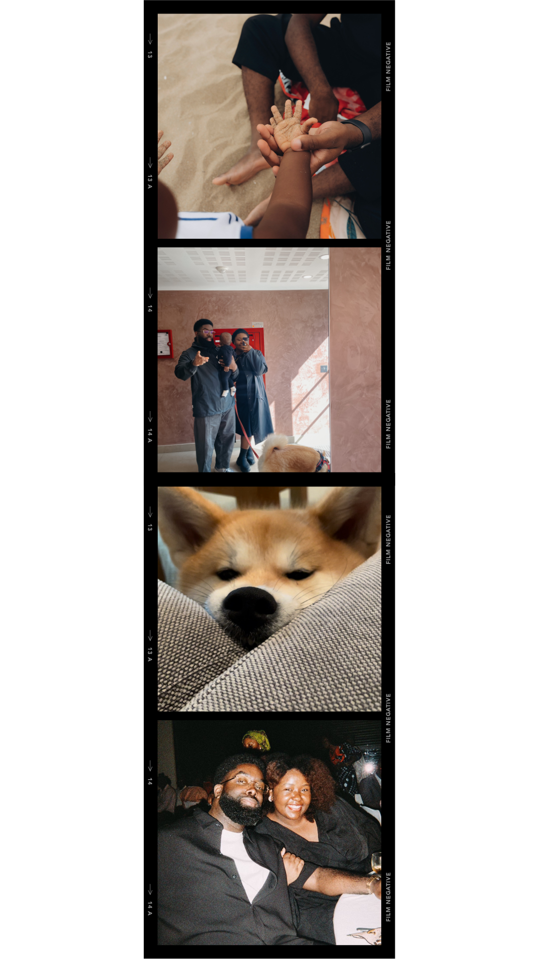 A collection of four photos showing hands clasped together, people posing, a sleeping Shiba Inu, and a celebratory moment.