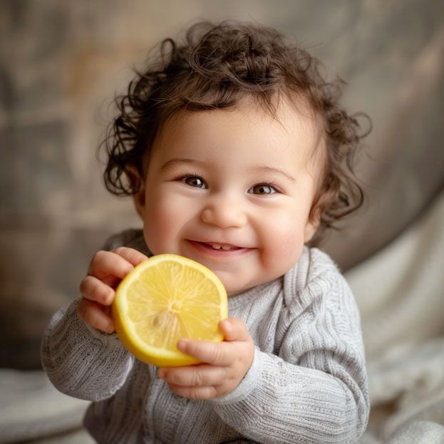 A curly-haired toddler in a grey sweater holds and smiles at a bright yellow lemon half.
