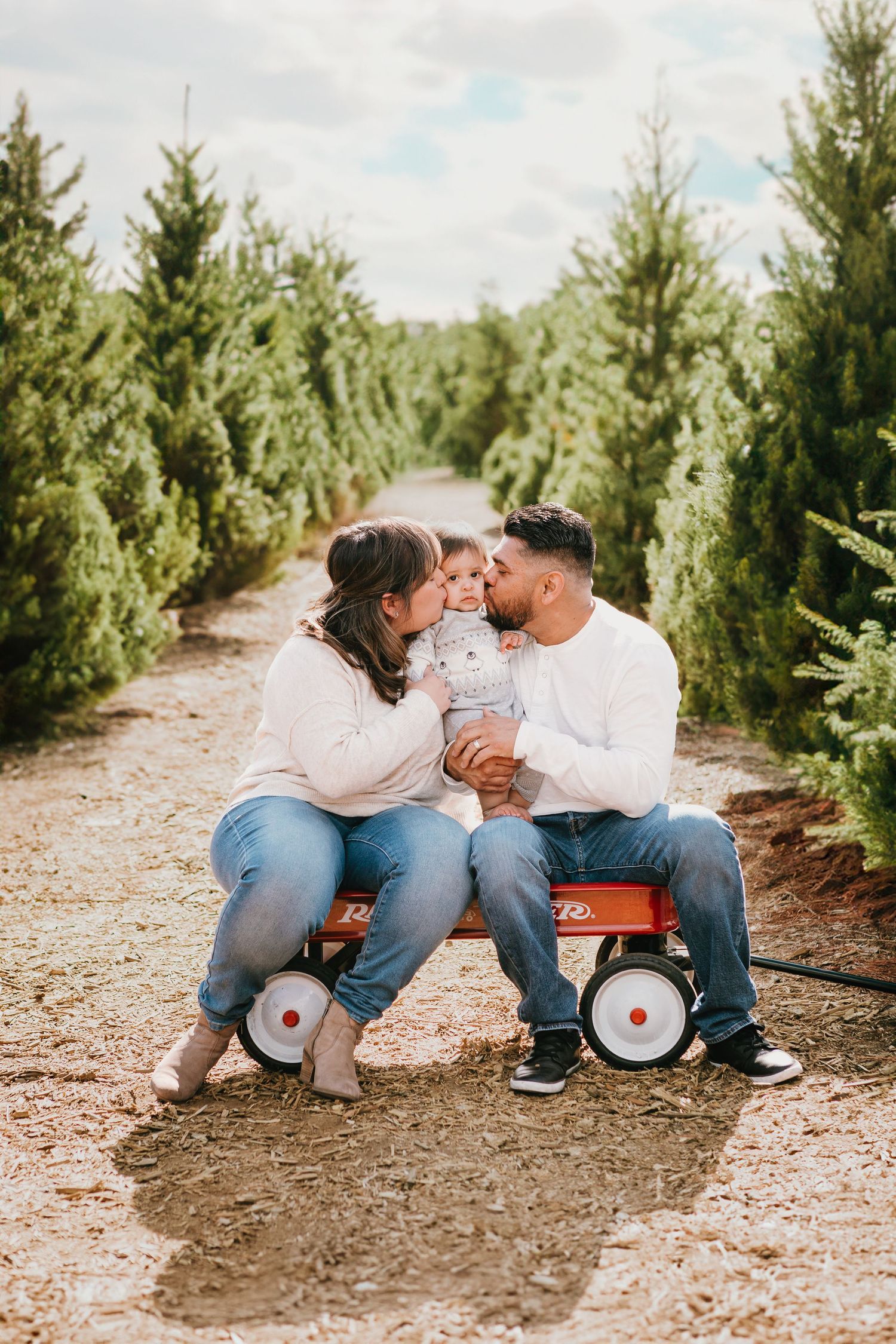 Couple sharing an intimate moment on a red wagon in a Christmas tree farm path.