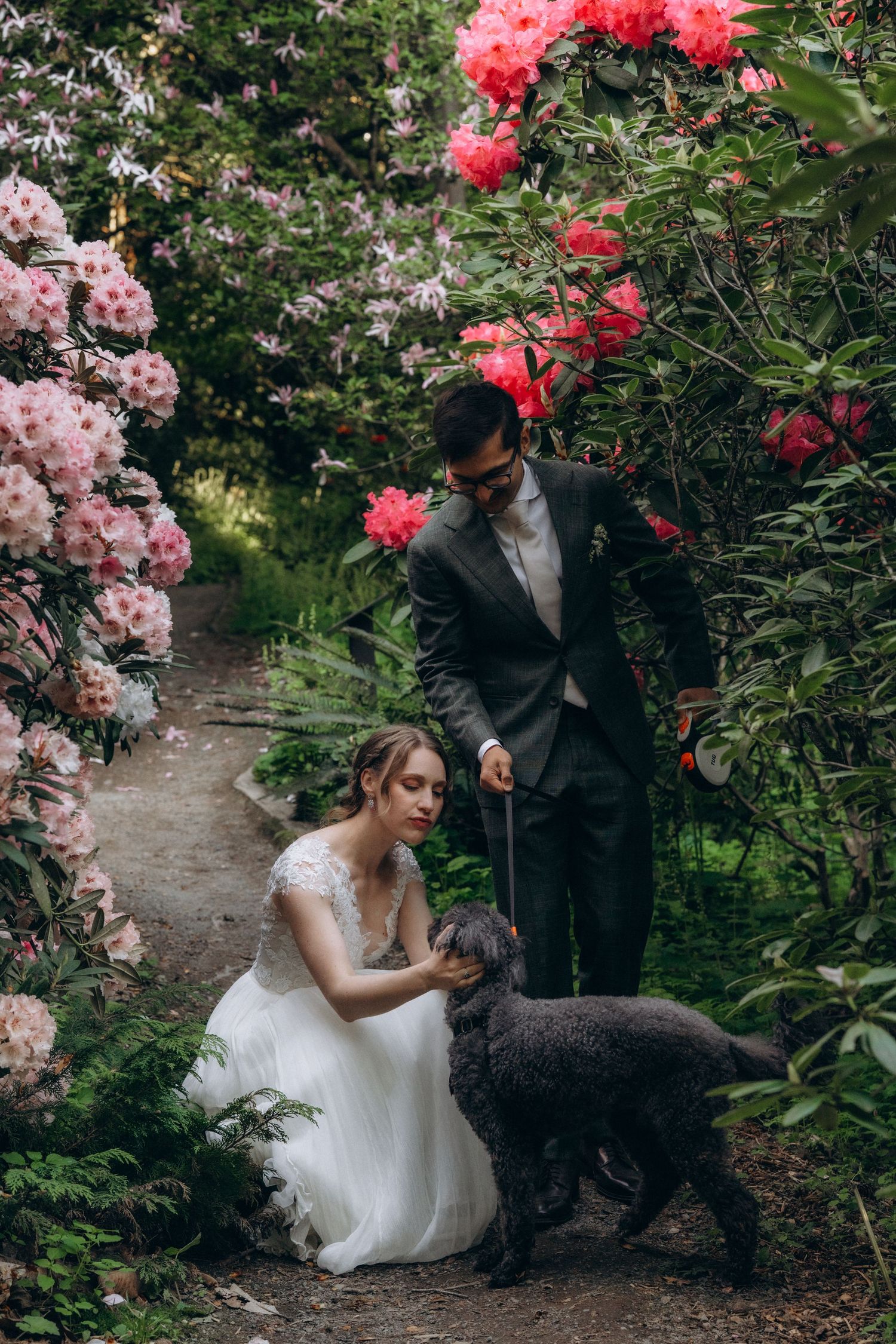 Two people share a tender moment in a garden path surrounded by vibrant red and pink flowering bushes.
