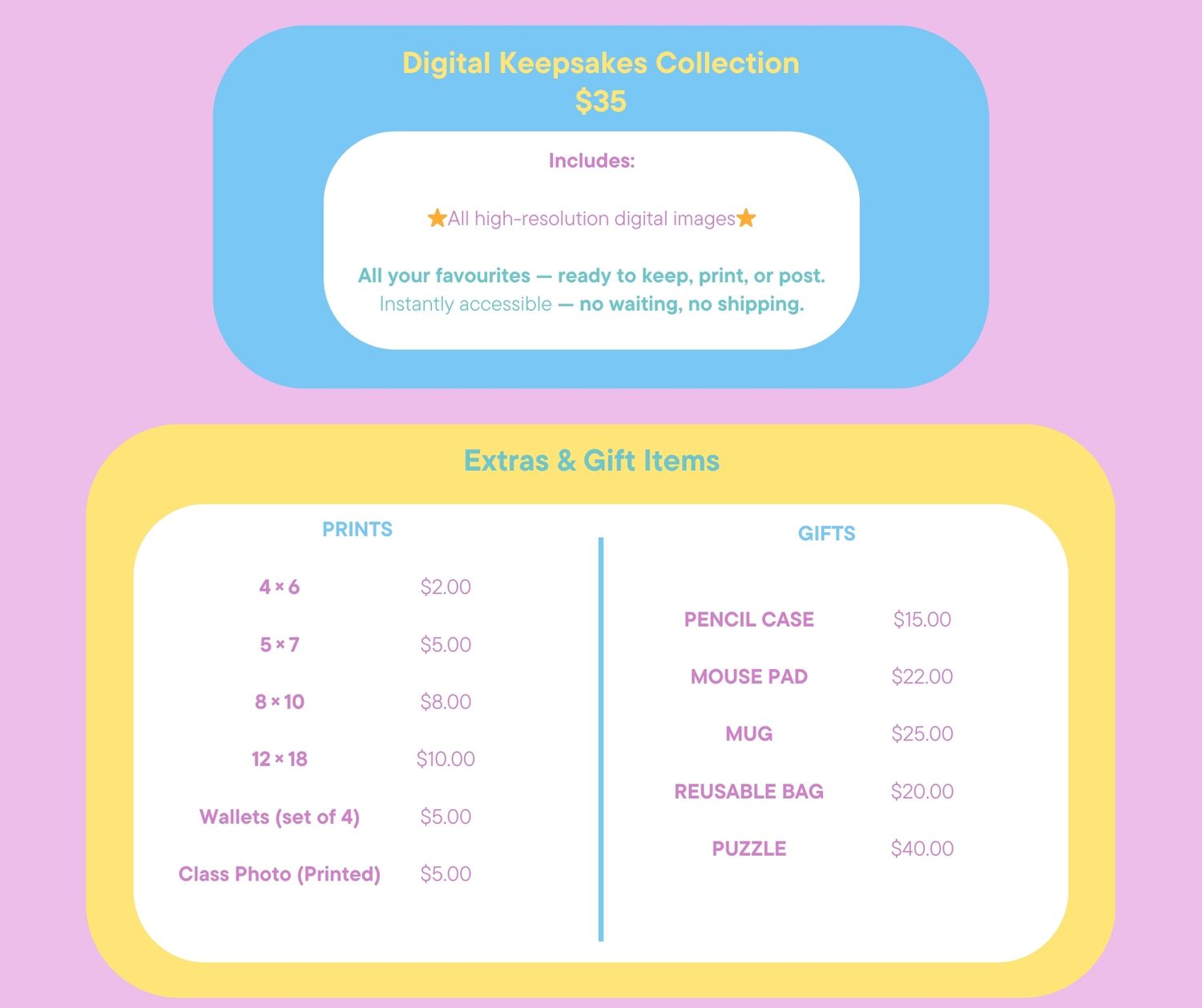 Digital pricing menu interface showing sections for collections, extras, and gift items with pastel blue and pink colors.