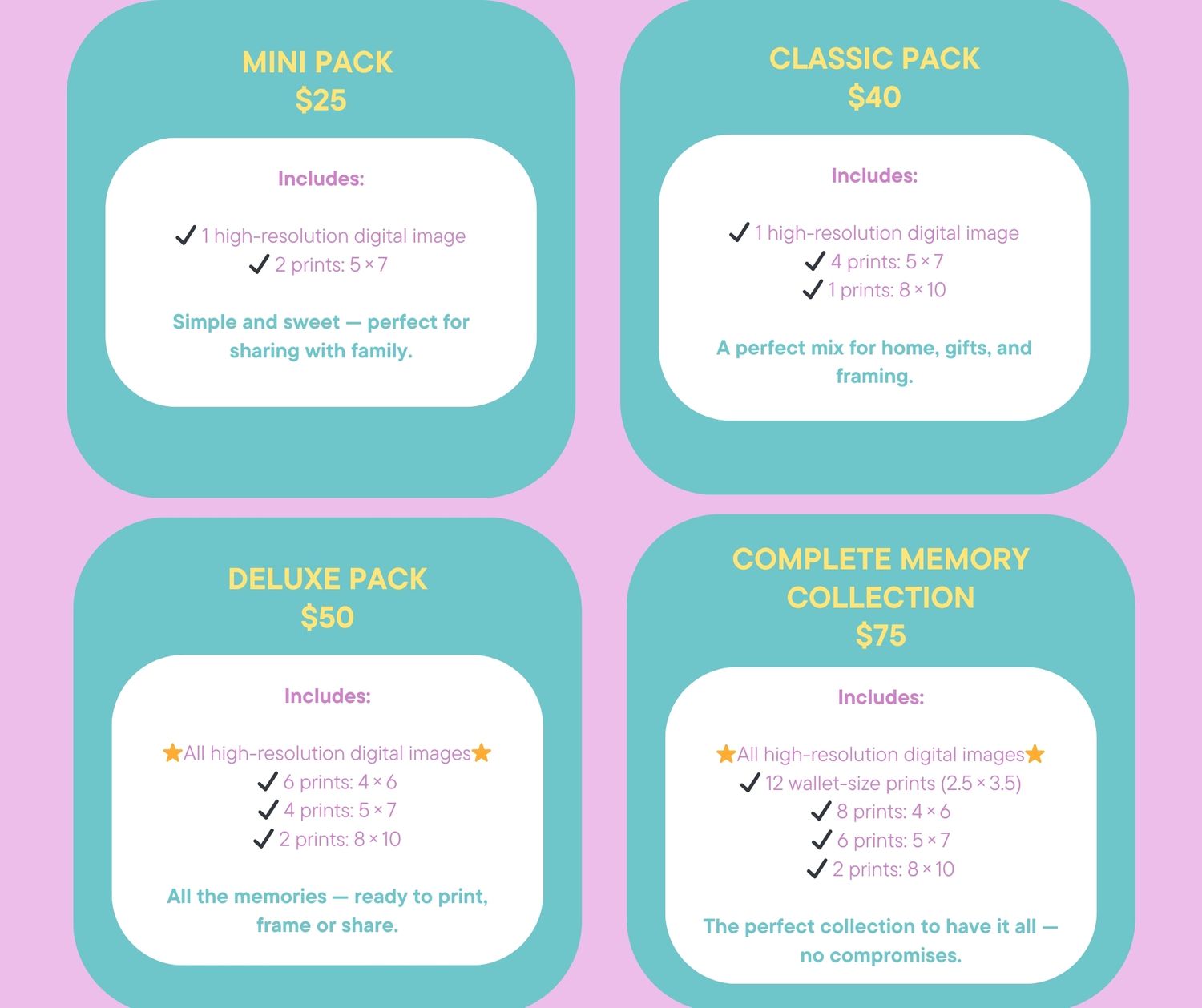 Pricing tiers and package options displayed on pink and teal cards showing different subscription levels and features.