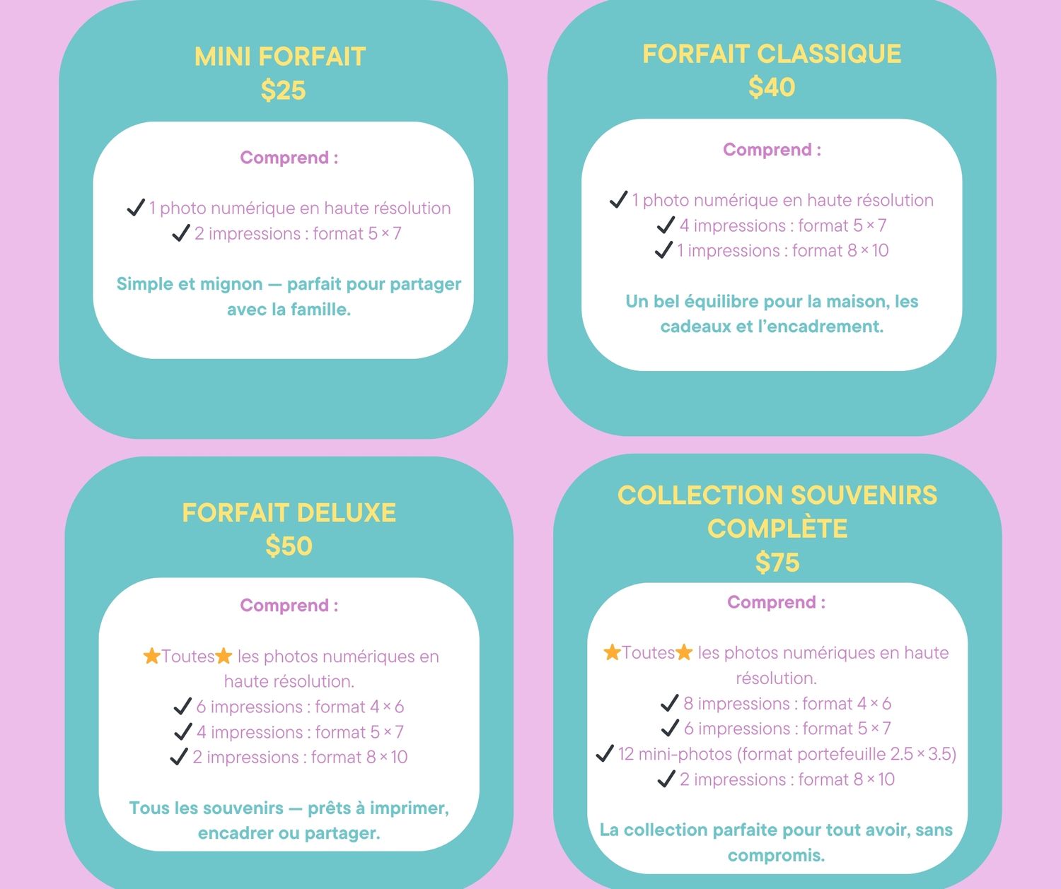 Four pricing plan cards showing different subscription tiers with checkmarks and features on a pink and turquoise background.