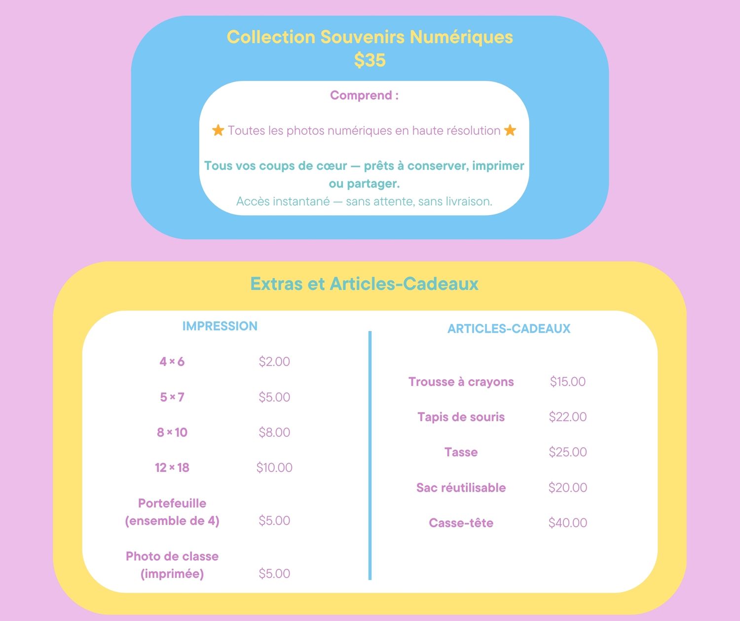 A collection of French educational worksheets with text and pricing information displayed on pastel colored backgrounds.