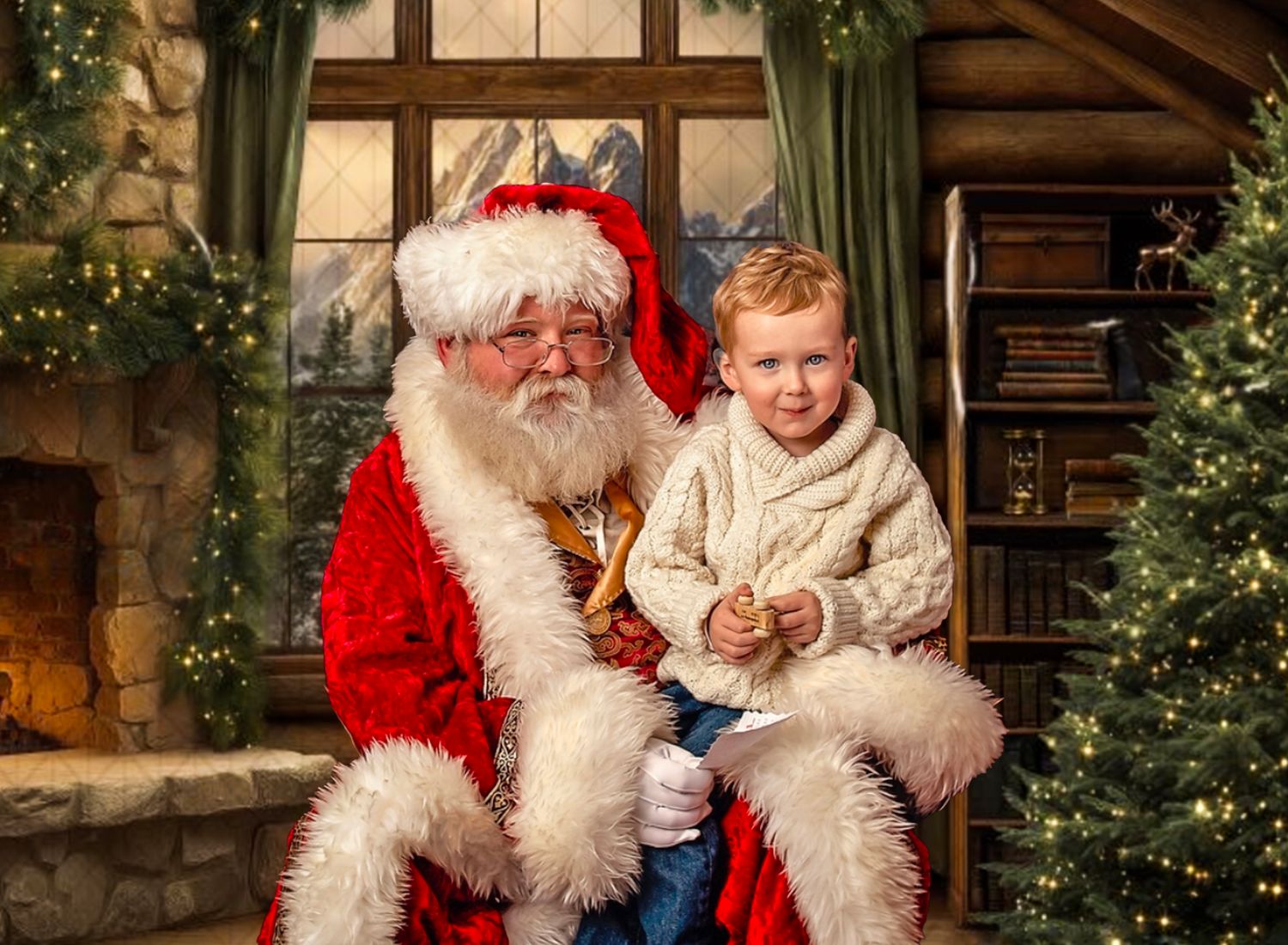 A young red-haired boy sits on Santa Claus's lap in a cozy Christmas-decorated room with a fireplace and tree.