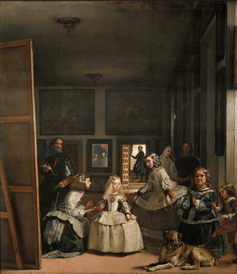 Las Meninas painting displayed in museum showing Spanish royal family and court members.
