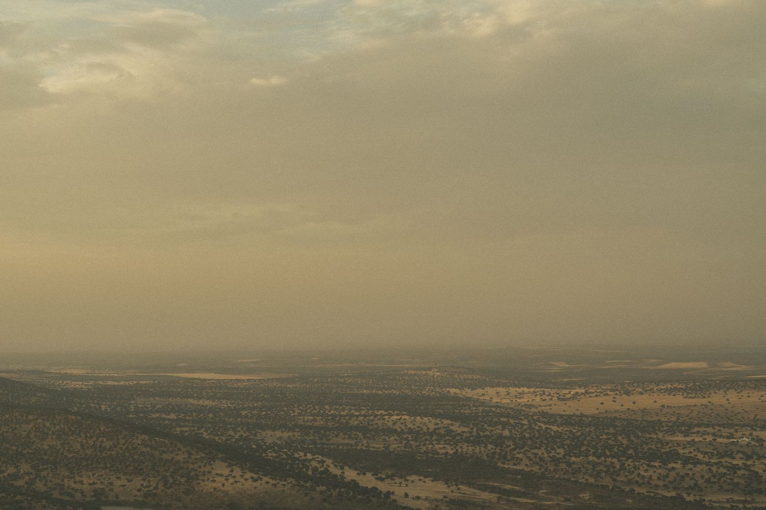 Panoramic aerial view of city landscape during golden hour with cloudy sky.