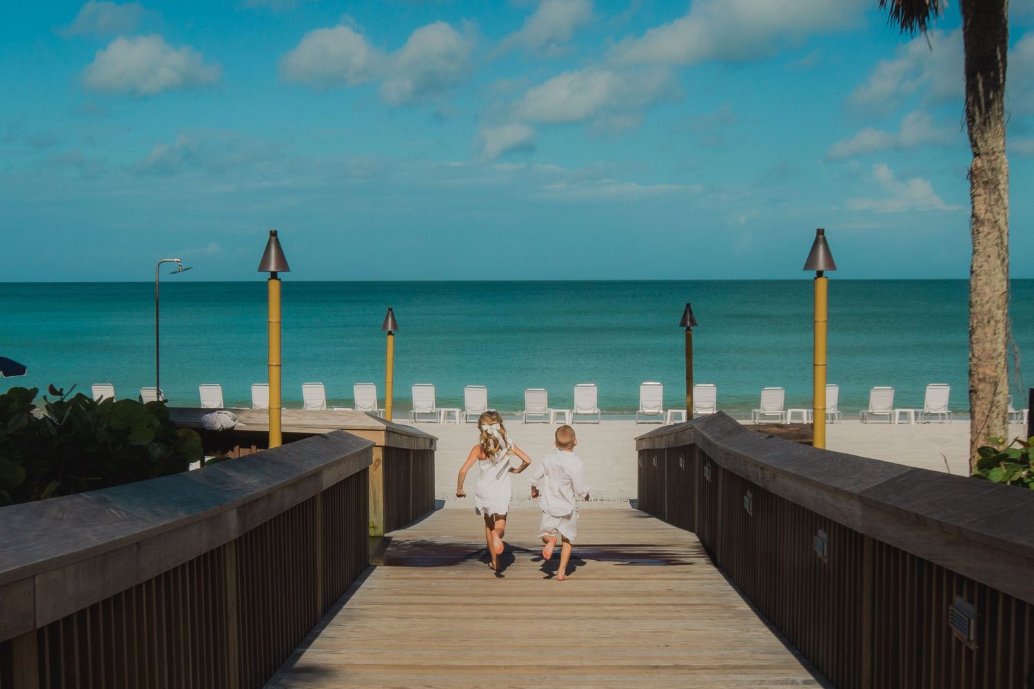 Wooden boardwalk pier extends over turquoise ocean waters with palm trees and blue sky on a sunny tropical day.