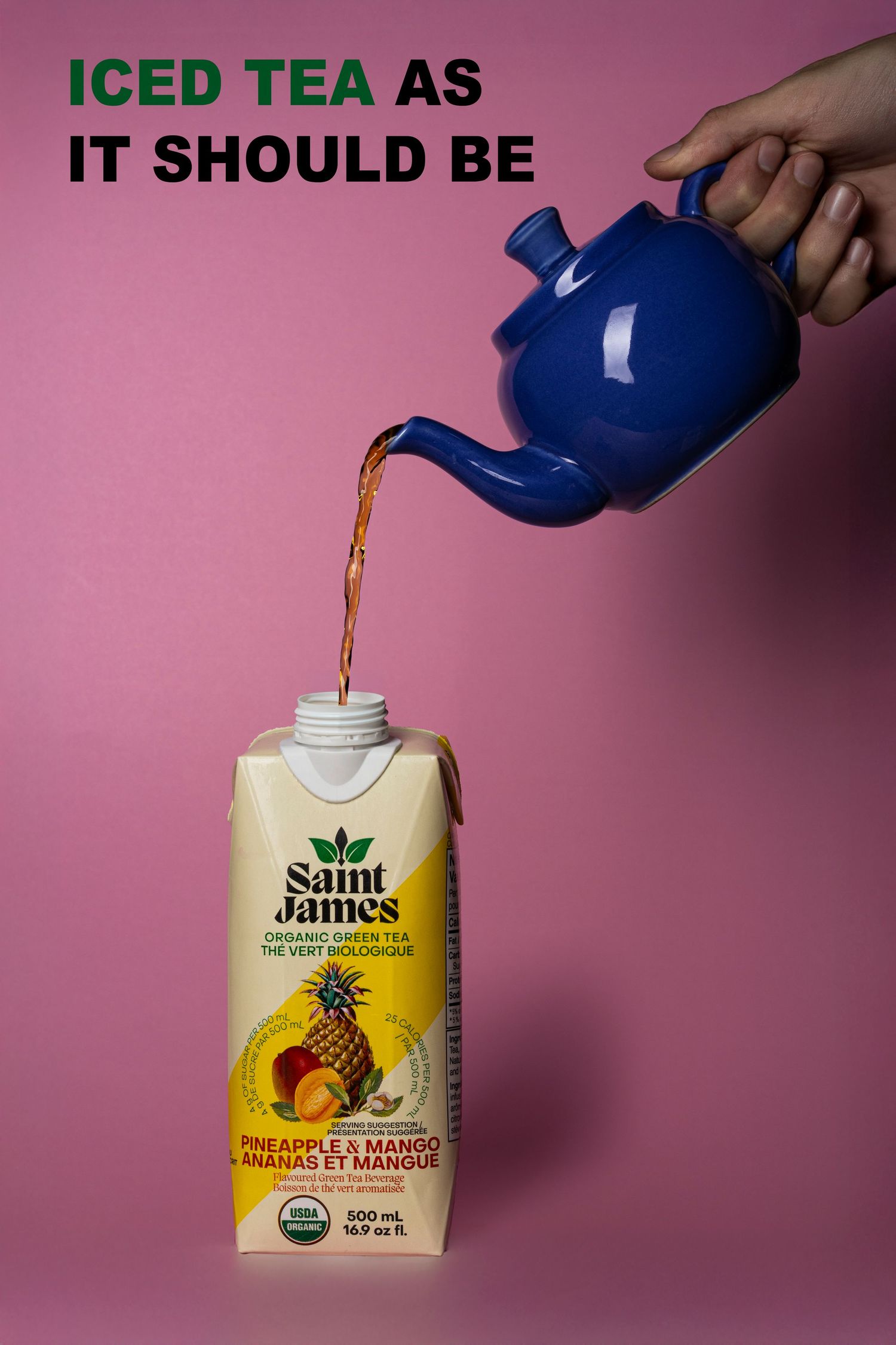 Saint James iced tea advertisement style with hand pouring from blue teapot into carton, 