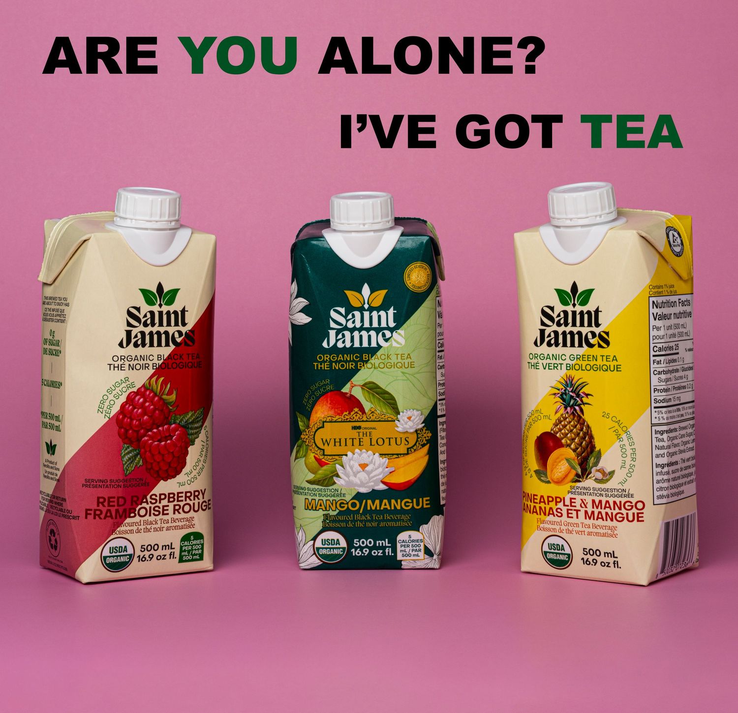 3 Saint James Iced tea bottles on pink background with test 