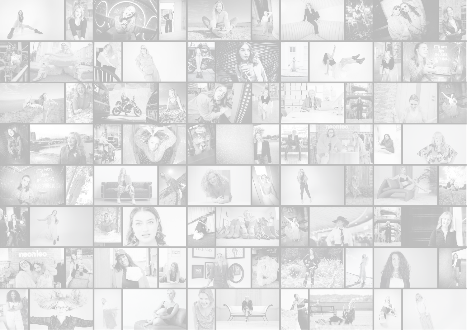 Grid collage of black and white photographs showing various poses and scenes.
