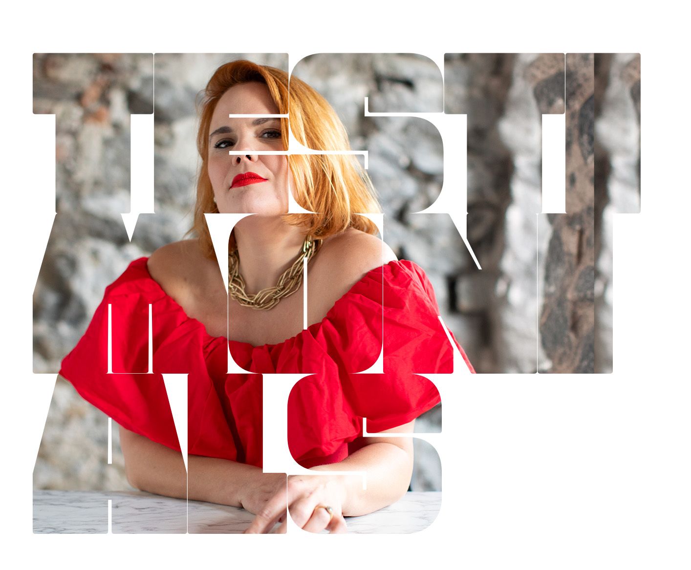Fashion portrait series showing vibrant red outfit details and accessories against a light background.