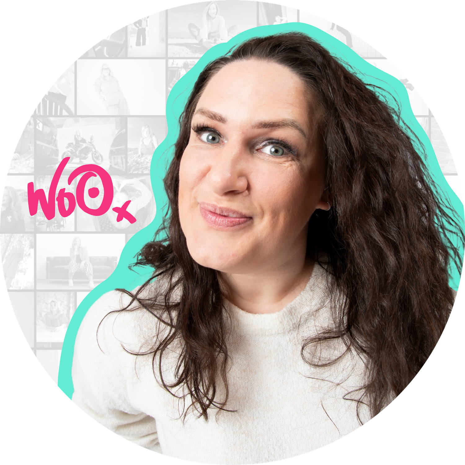 Portrait series with teal border showing dynamic poses against white background.