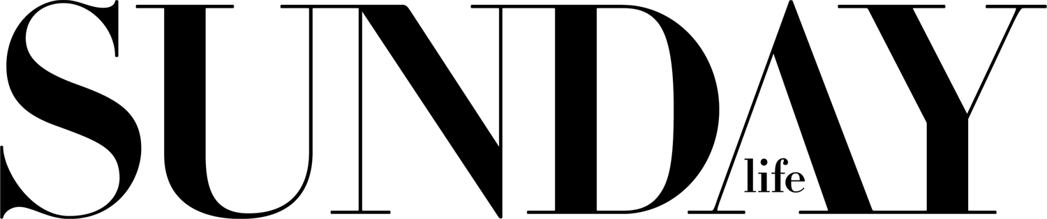 Black text logo design for 'SUNDAY life' in modern serif typography.