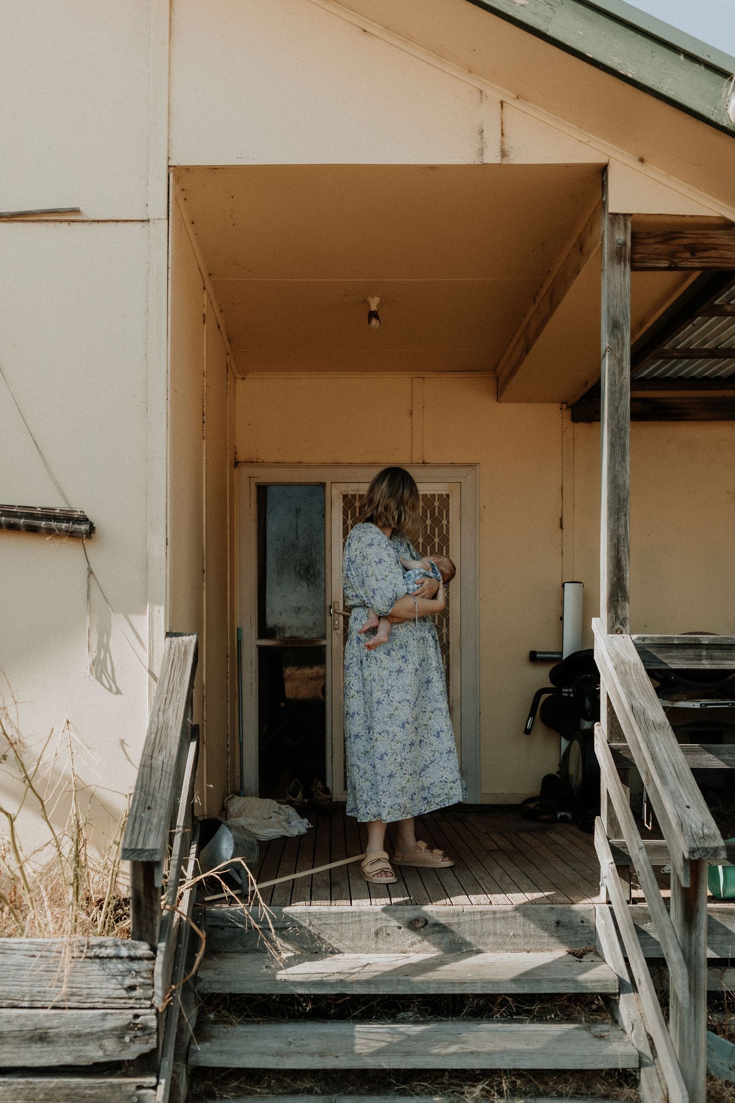 Series of weathered porch views with rustic wooden details and peeling paint.