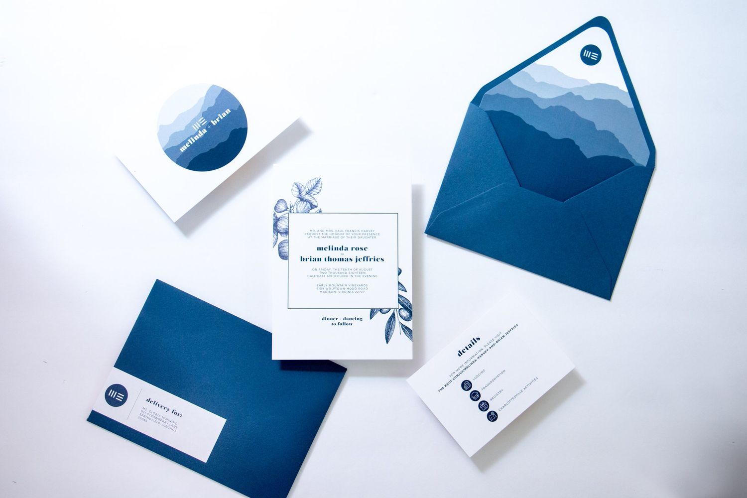 Blue mountain wedding invitation suite. Stationary. Product photography RVA. Brand photography RVA.