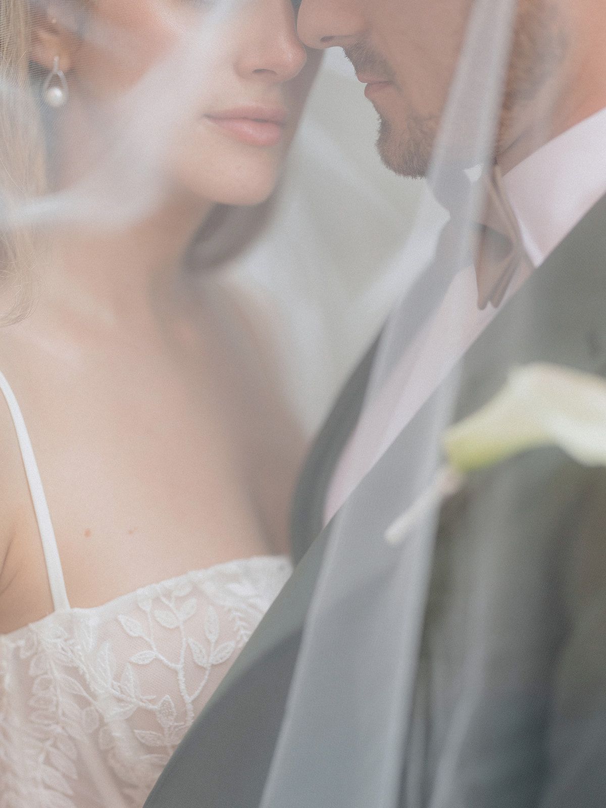 Romantic close-up through sheer veil of wedding couple.