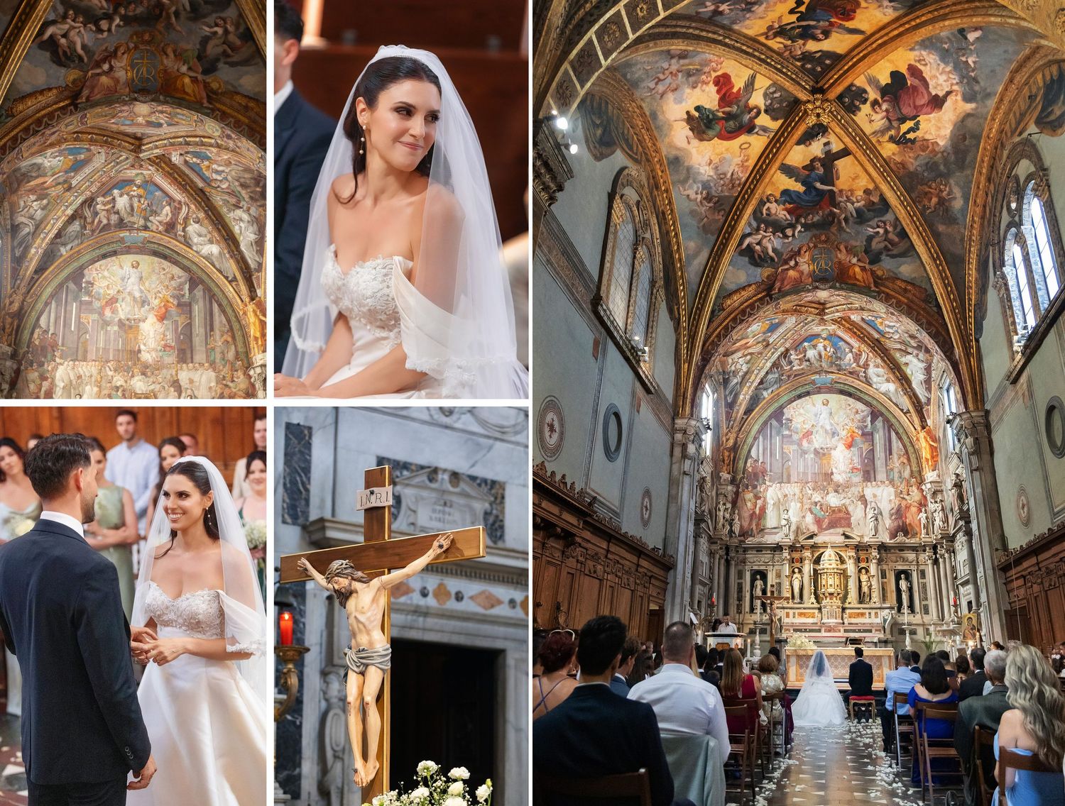 Elegant wedding ceremony in an ornate Italian church with frescoed ceilings, bride in white gown, guests seated in decorated nave.