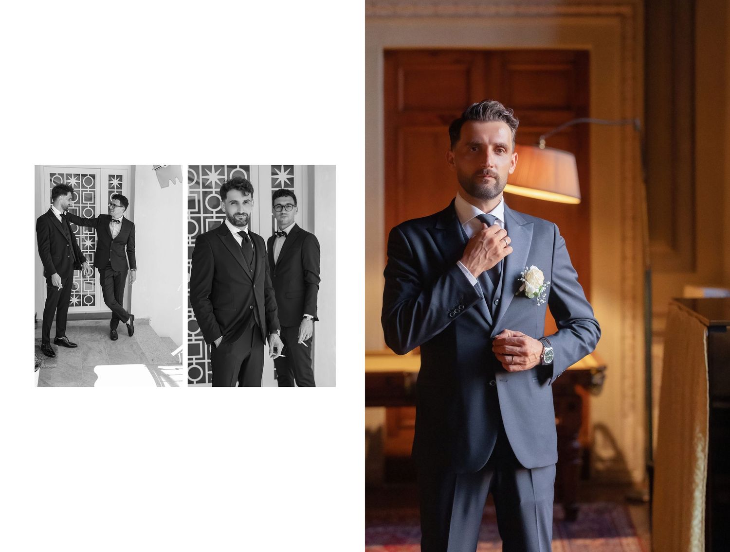 Groom in navy suit adjusting tie with boutonniere, groomsmen in black suits posing in elegant venue.