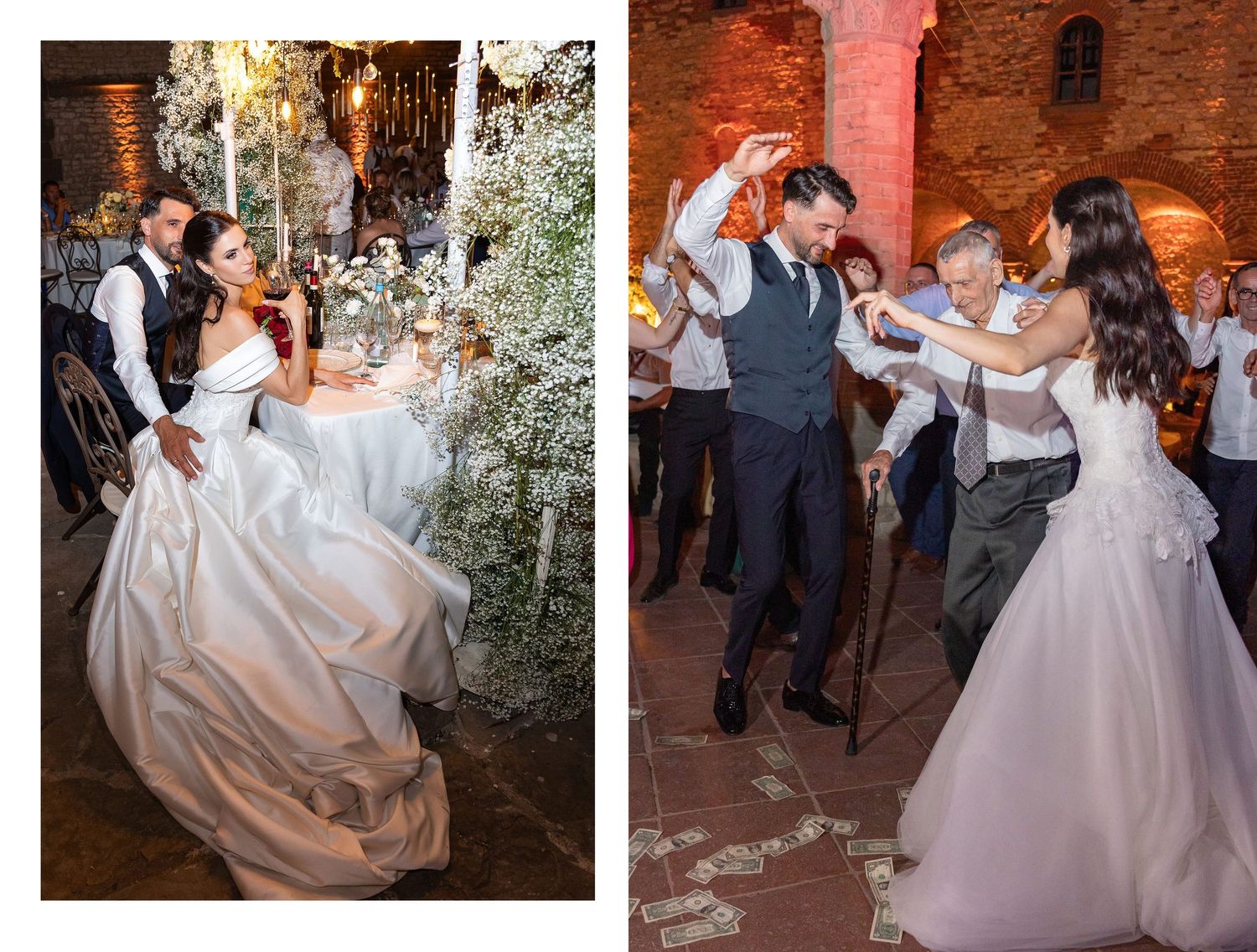 Bride and groom share a romantic dance at elegant wedding reception, with bride in stunning white ball gown.