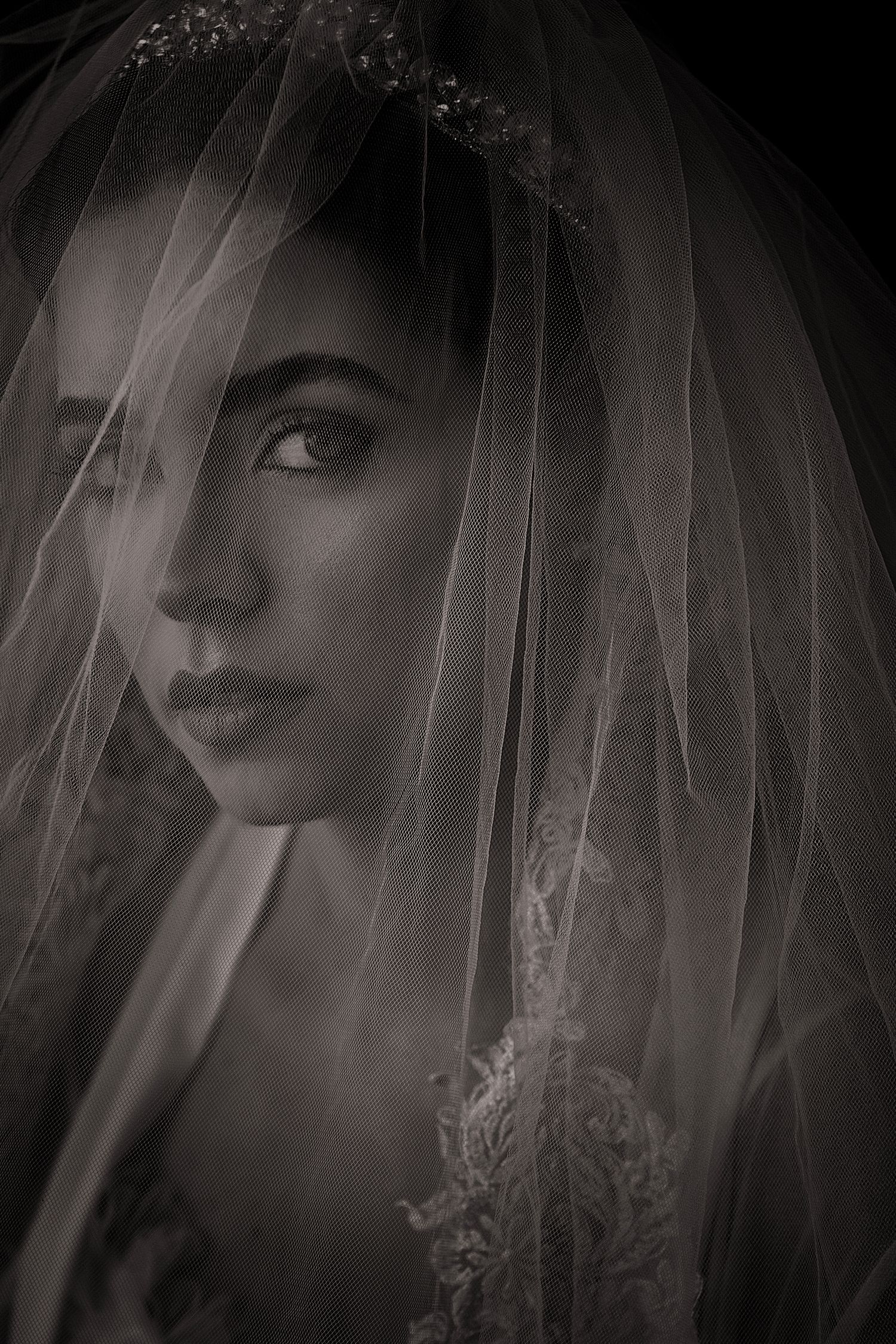 Artistic black and white portrait series showing a veiled figure in dramatic shadows and lighting.
