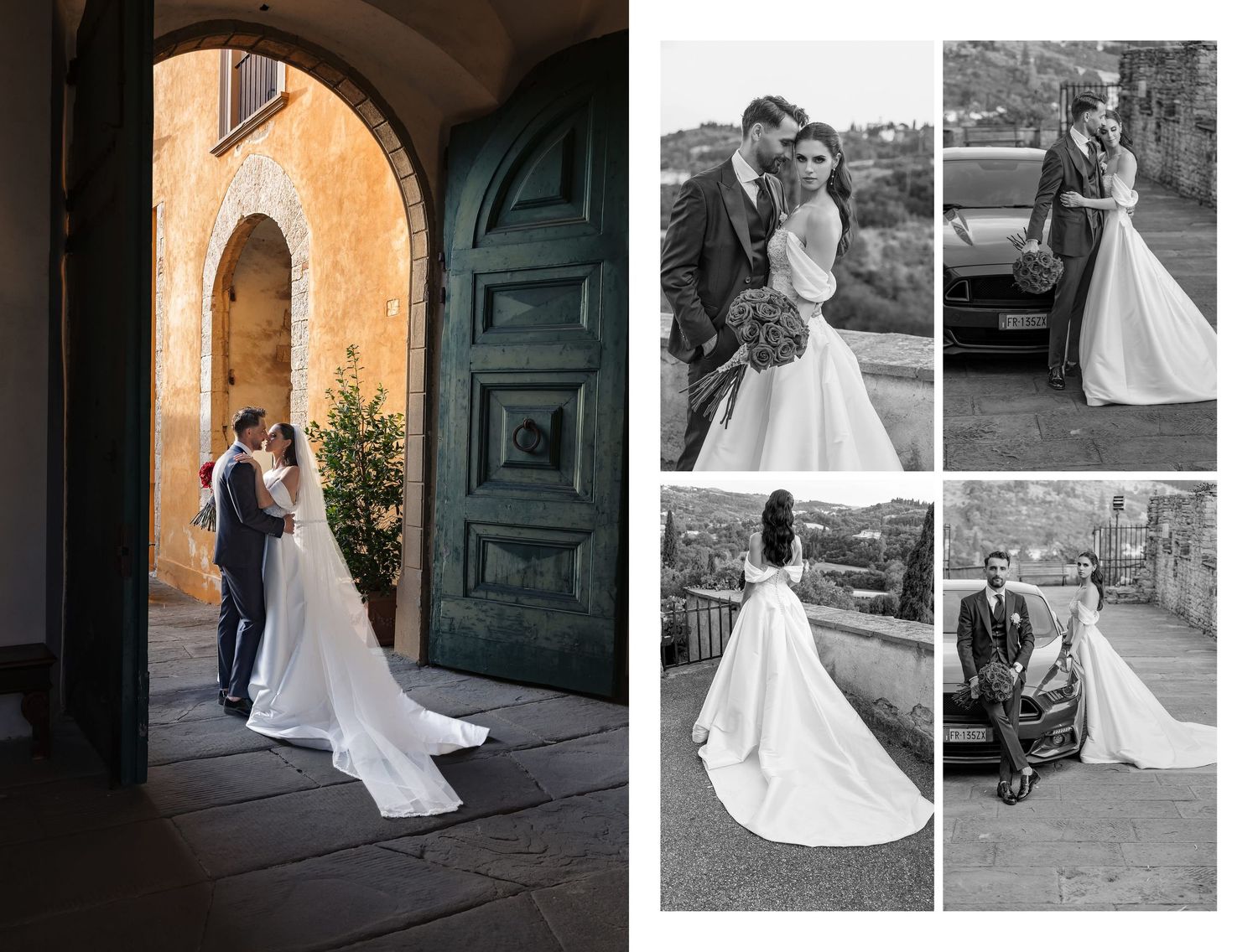 Elegant wedding couple embracing in a grand doorway in Tuscany, bride in a flowing white gown with train.
