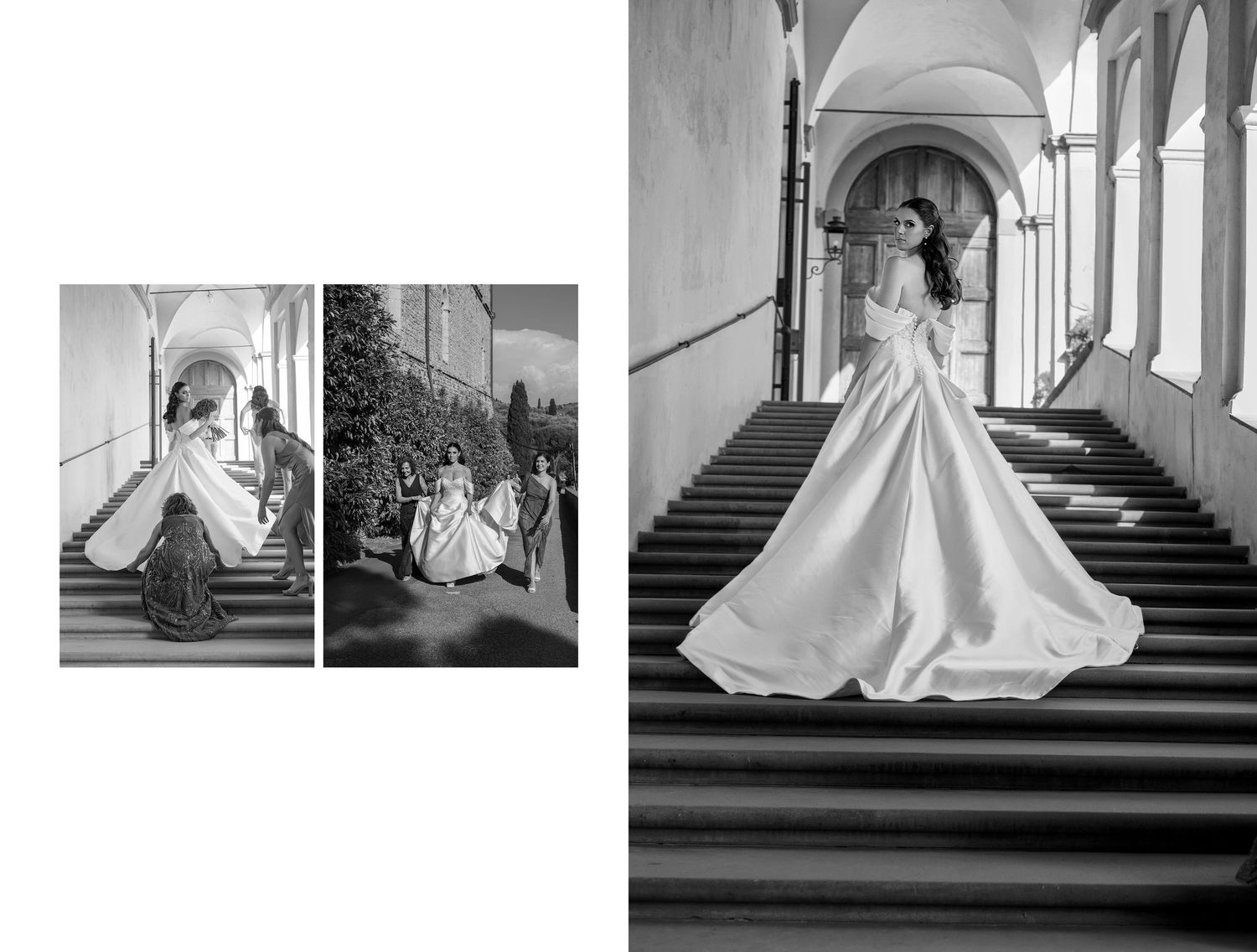 Bride in elegant white ball gown poses on grand staircase in black and white wedding photography.