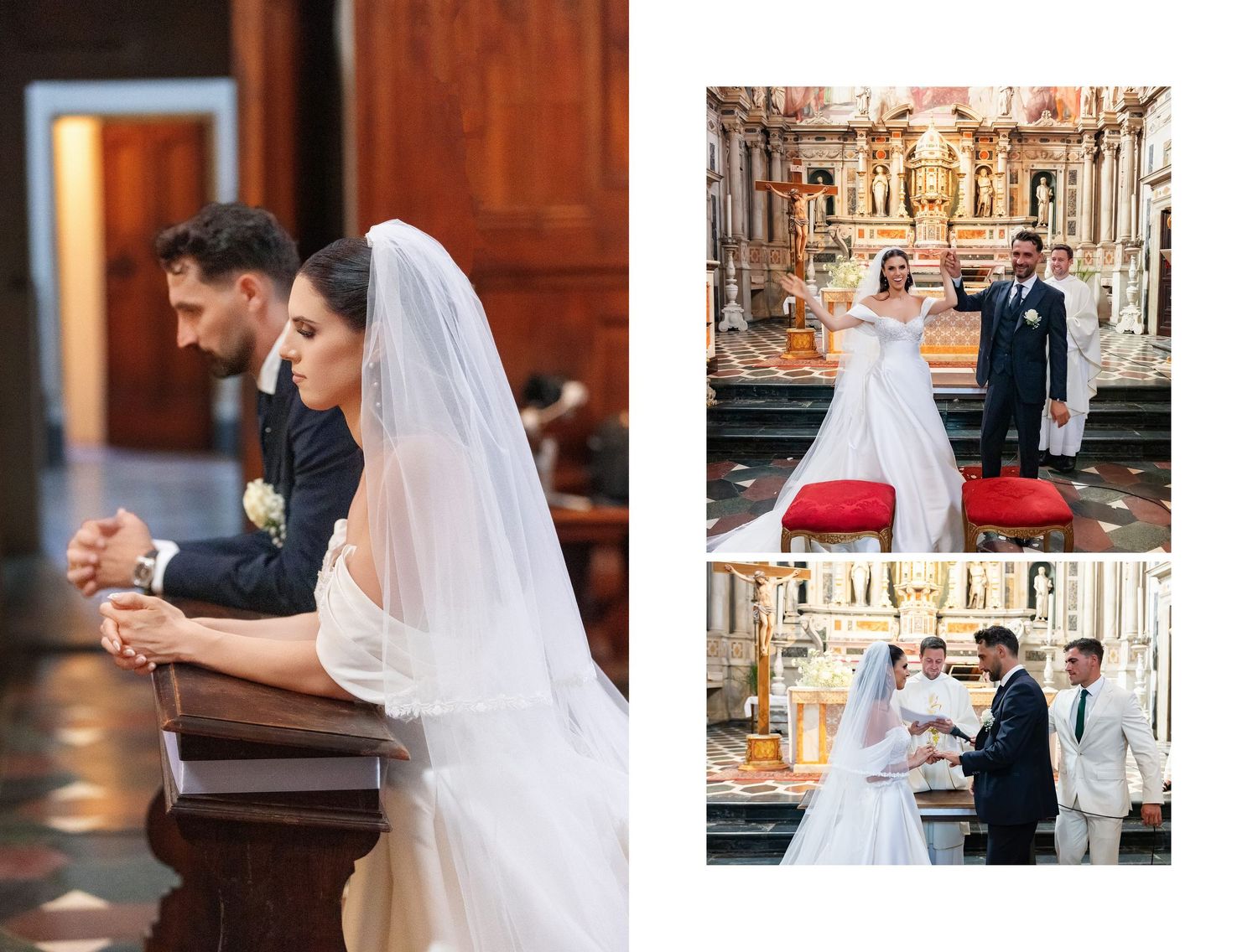 Bride and groom praying together at church altar during elegant Catholic wedding ceremony in ornate historic chapel.