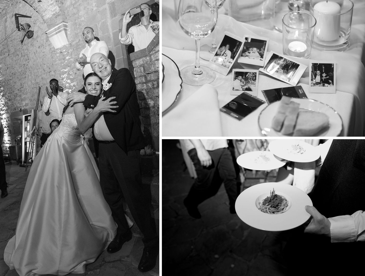 Black and white wedding collage showing couple dancing, table with photos and glassware, and waiter serving pasta dish.