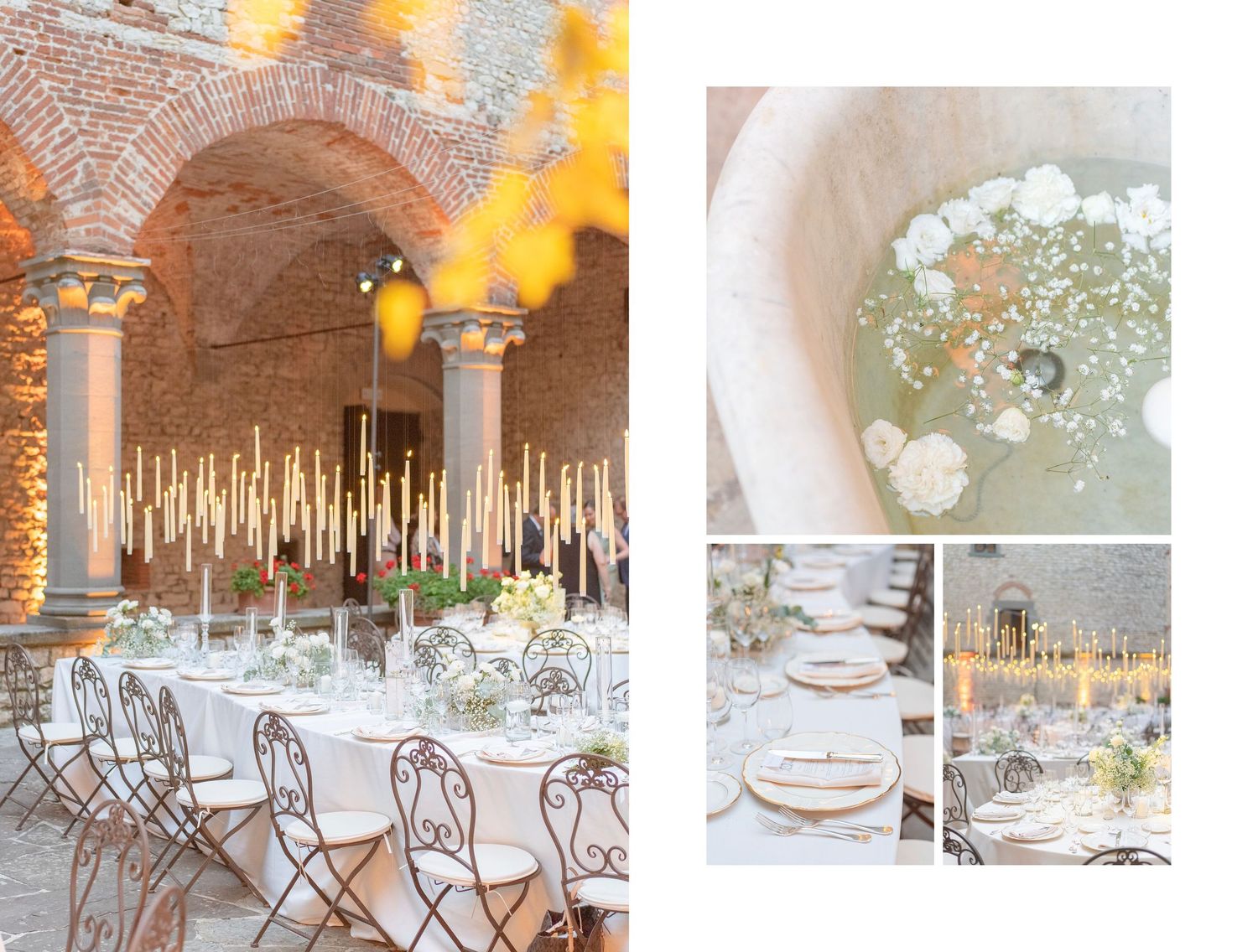 Elegant wedding reception in a brick archway venue with tall candle centerpieces, white floral arrangements, and ornate iron chairs.