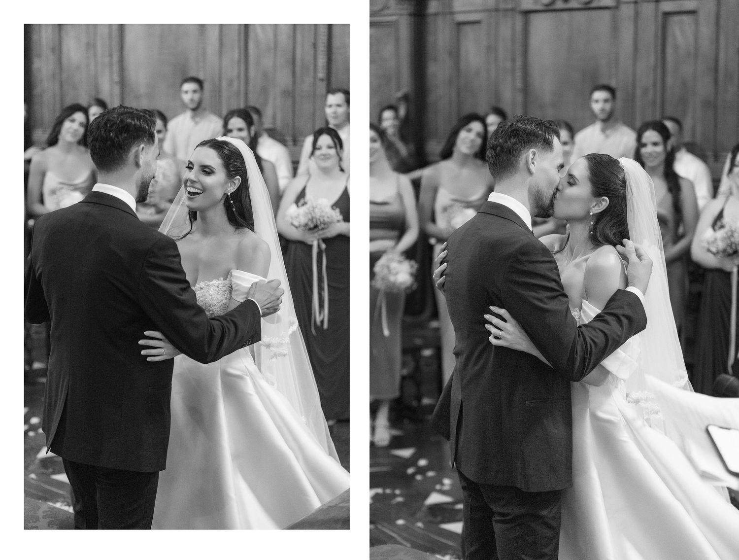 Black and white wedding photos of a bride and groom sharing their first dance and kiss at their elegant ceremony.