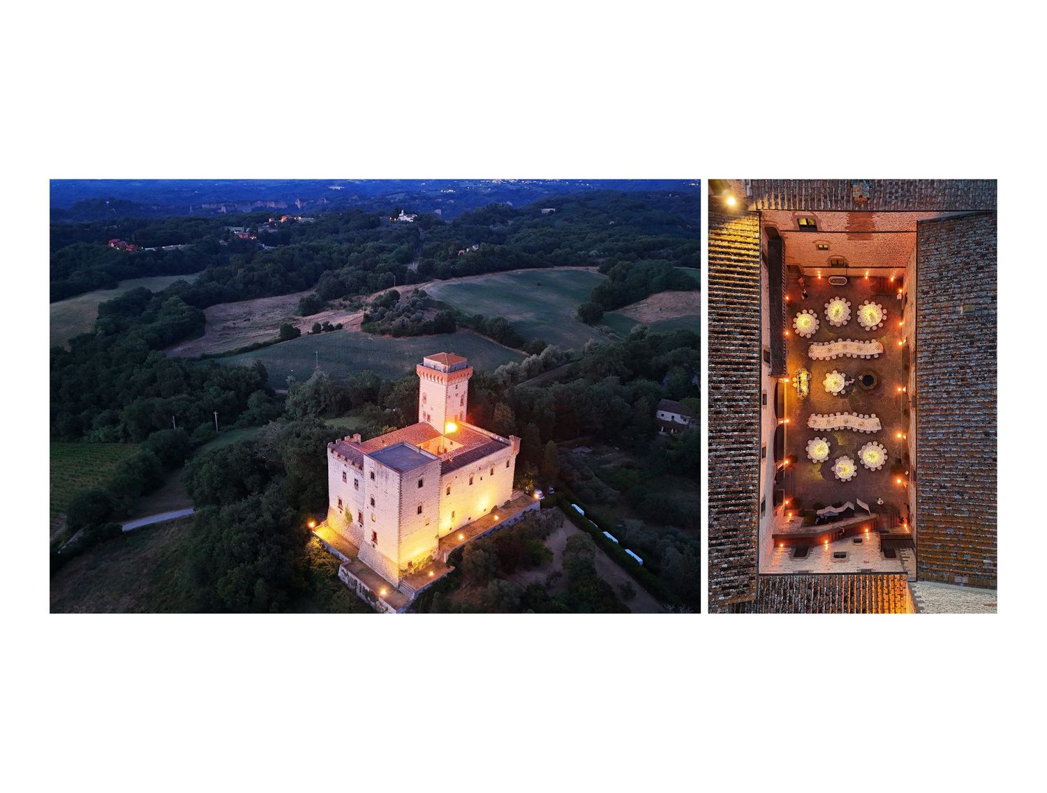 Aerial view of illuminated historic castle surrounded by lush green landscape at dusk, with a top-down view of an elegant dining hall.