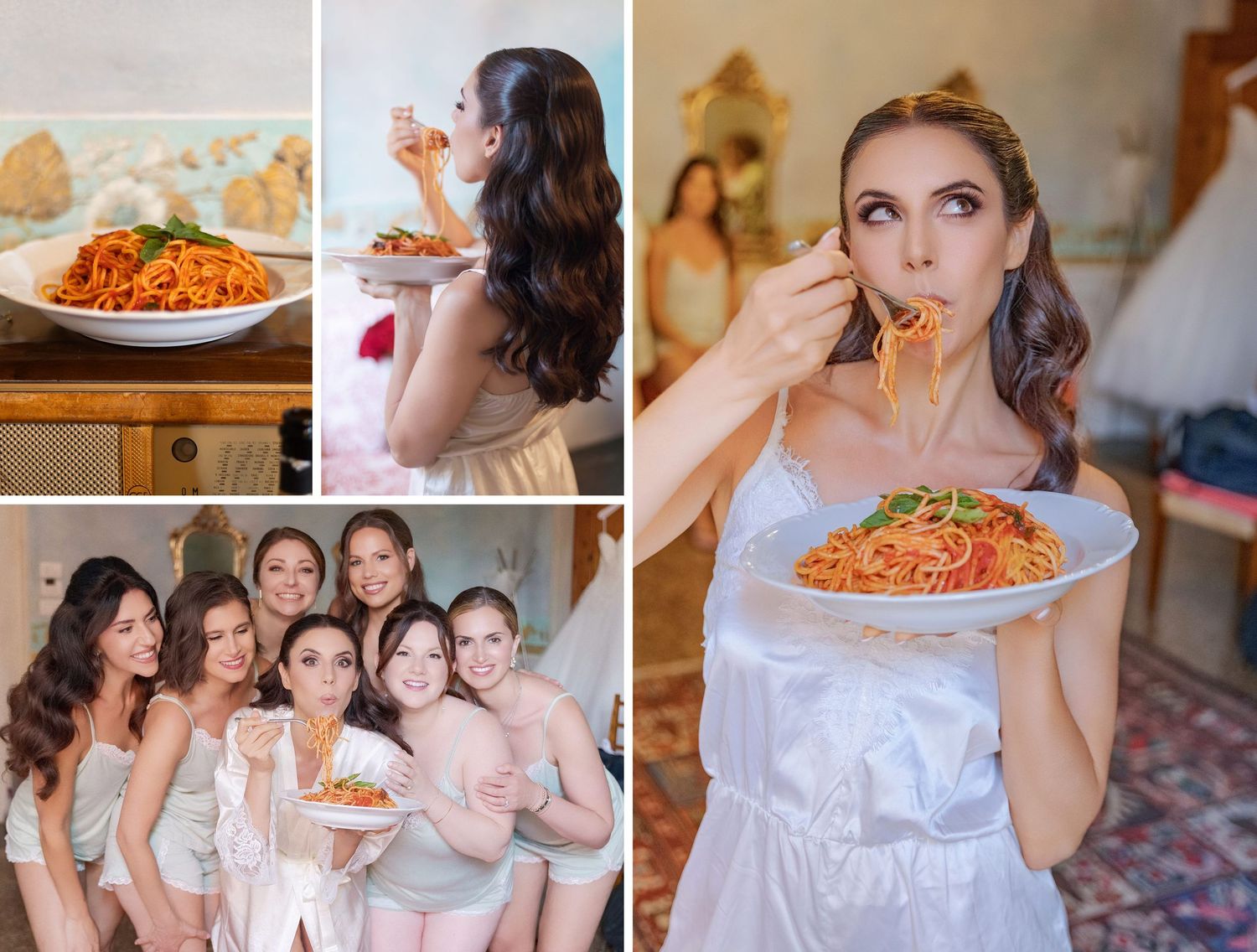 Bride and bridesmaids in robes joyfully eating spaghetti pasta together on wedding morning preparation day.