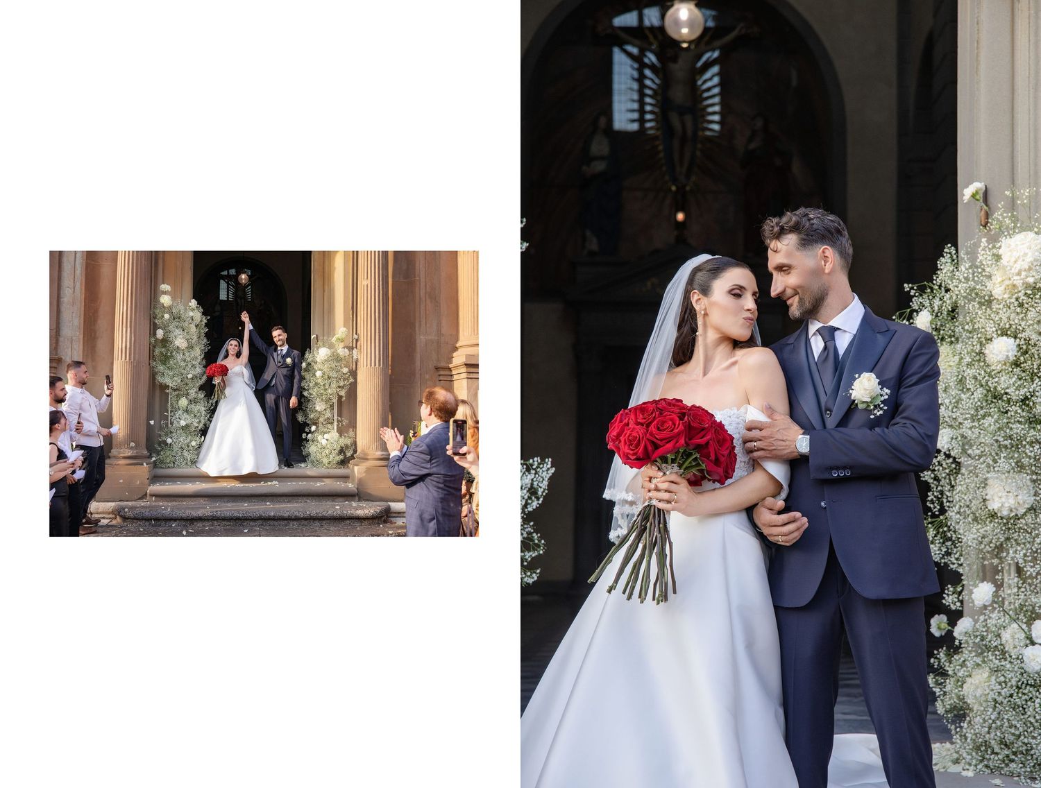 Bride and groom share a romantic moment outside a church, she holds red roses in a white gown, he wears a navy suit.