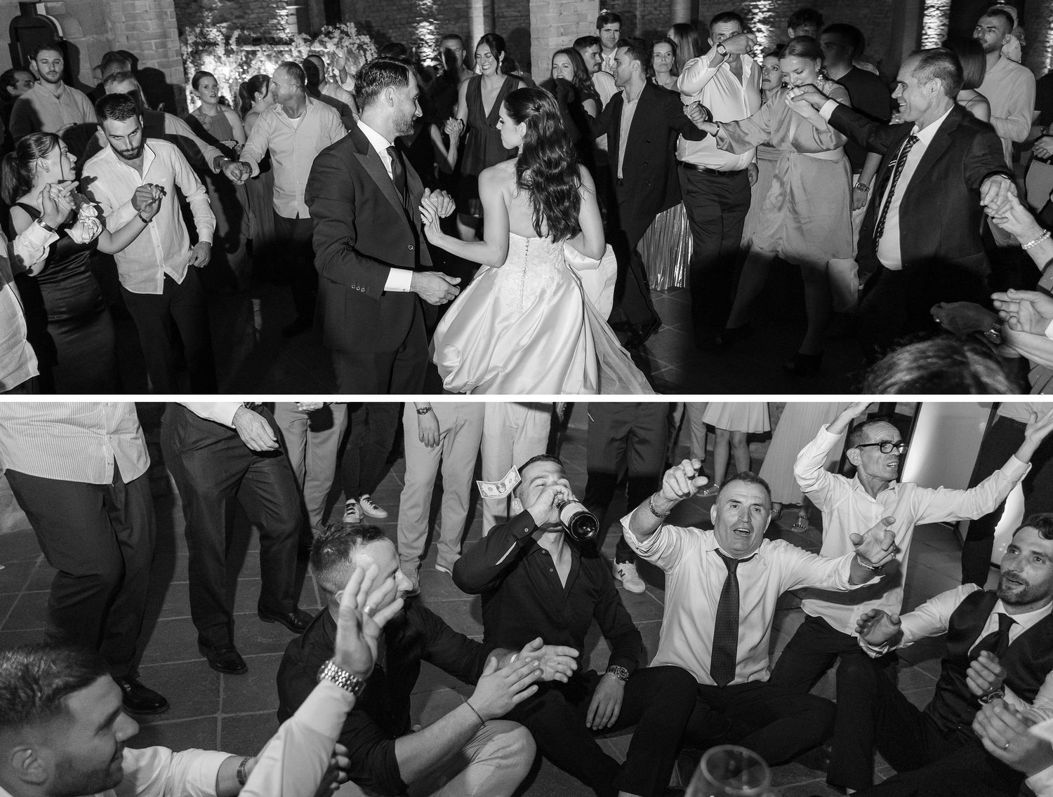 Black and white wedding reception dance floor photo with bride, groom, and guests celebrating joyfully.