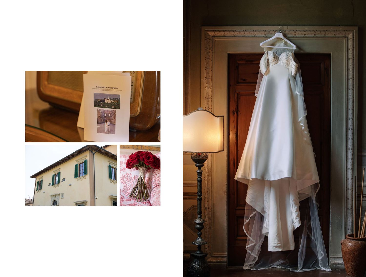 Elegant white wedding dress with veil hanging in a doorway beside a lamp, with detail shots of a venue and floral bouquet.