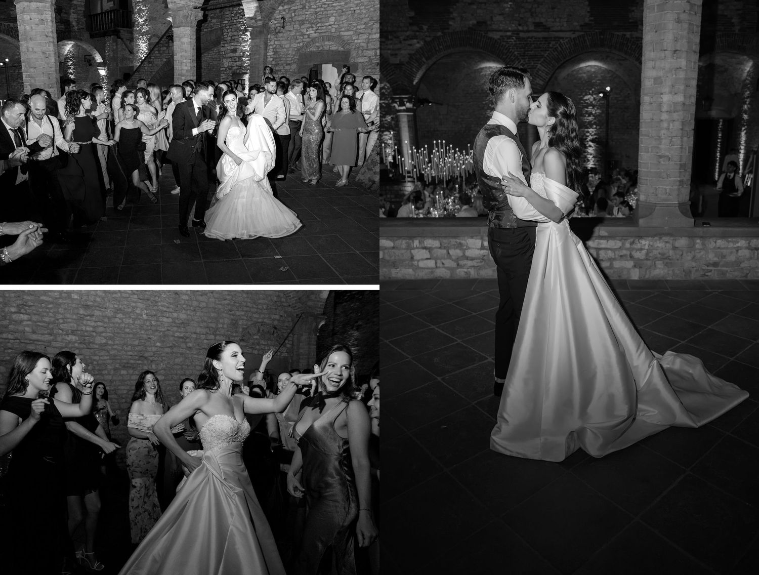 Black and white wedding photos showing couple's first dance and bride dancing with guests at elegant venue.