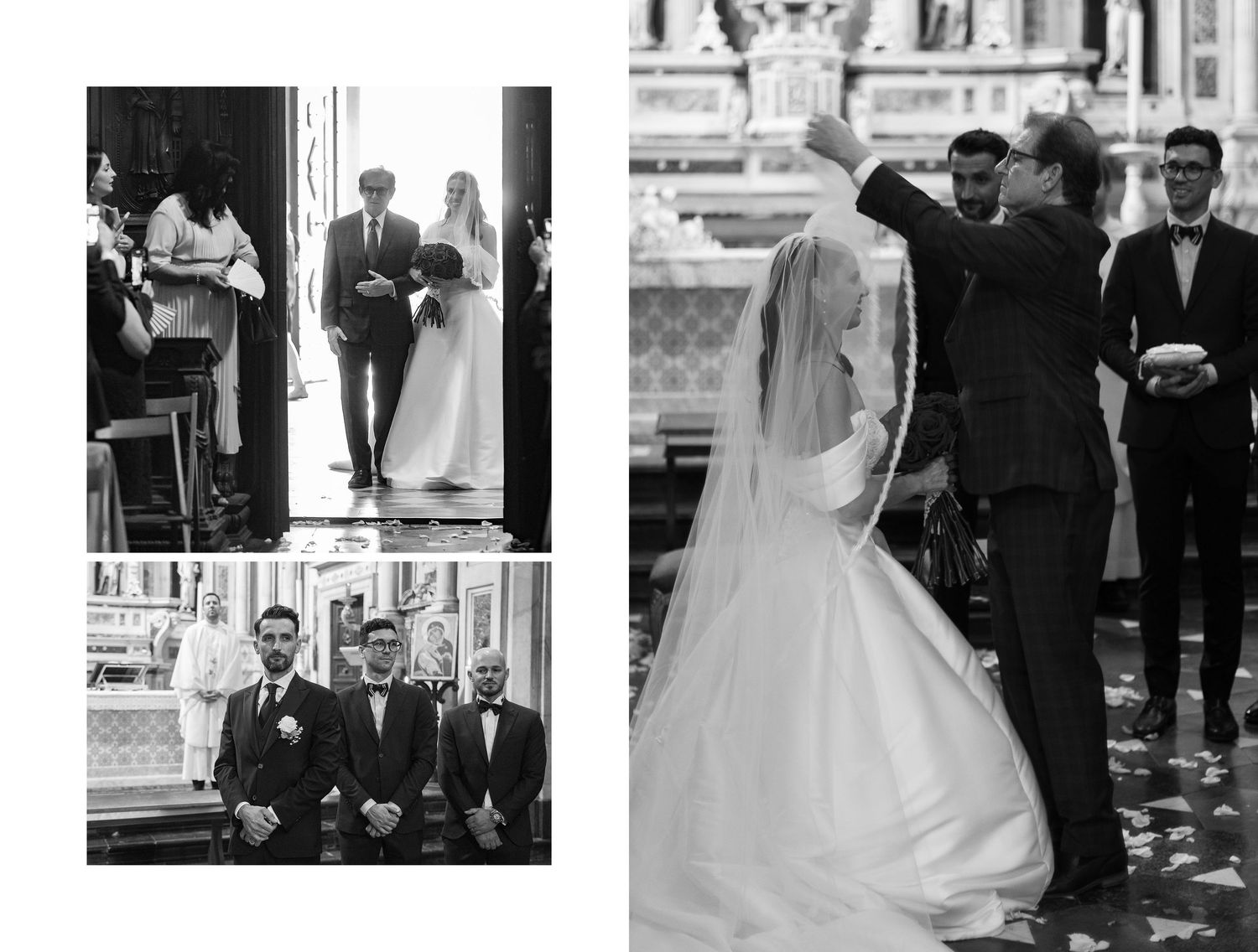 Black and white wedding photos showing bride and groom walking down church aisle and groomsmen standing at altar.