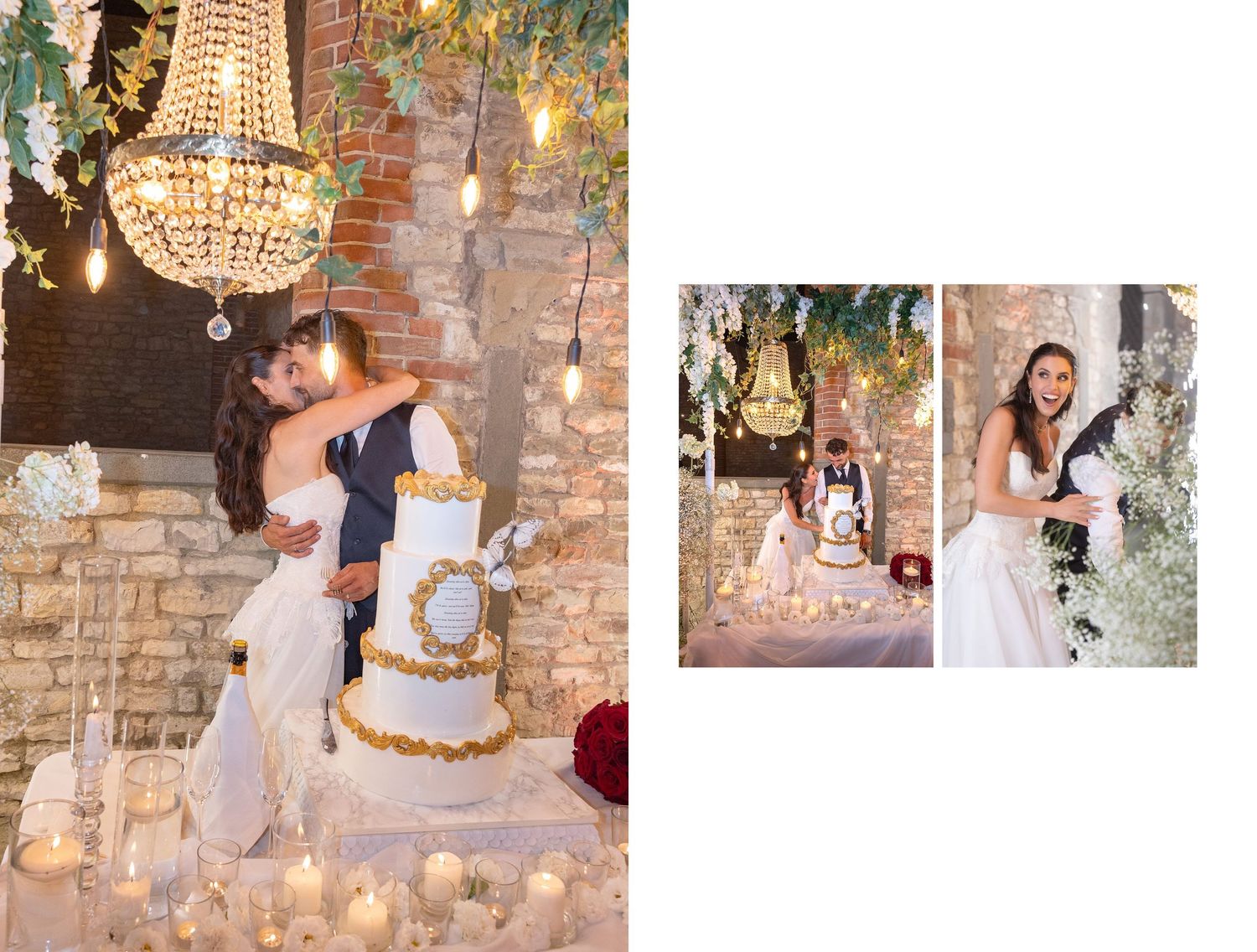 Bride and groom sharing a romantic kiss beside a elegant gold wedding cake surrounded by candles at a rustic venue.