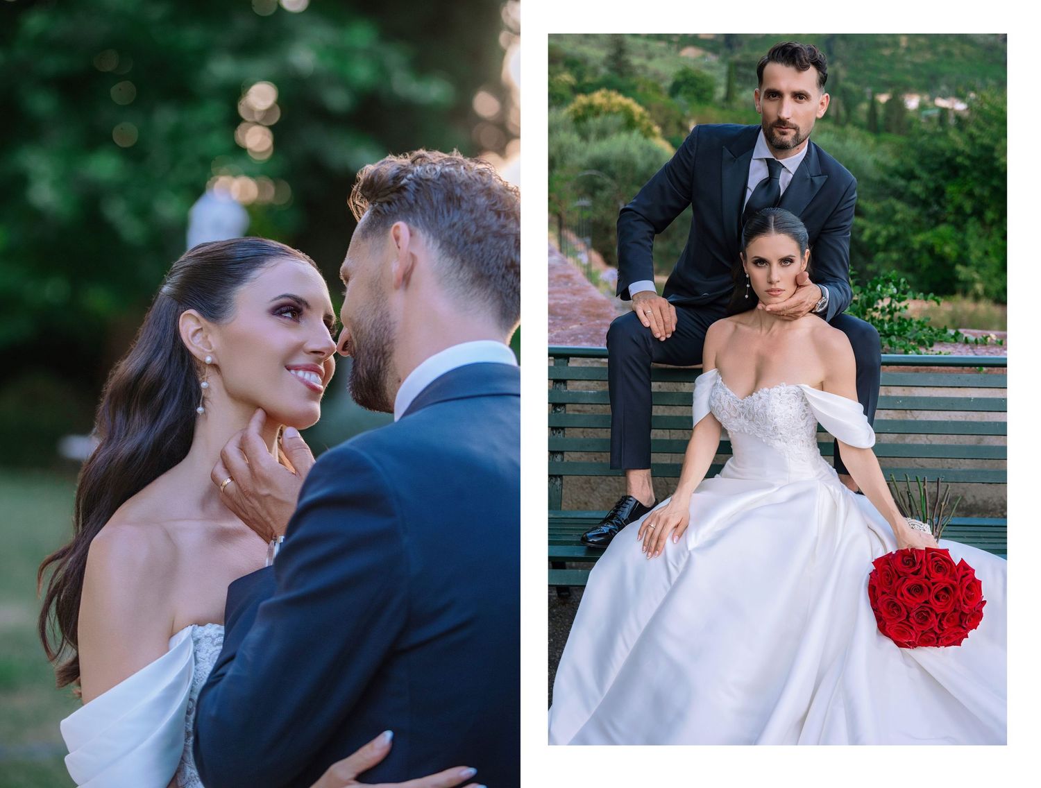 Elegant bride and groom share a romantic moment outdoors, bride holding red bouquet in a stunning off-shoulder ball gown.