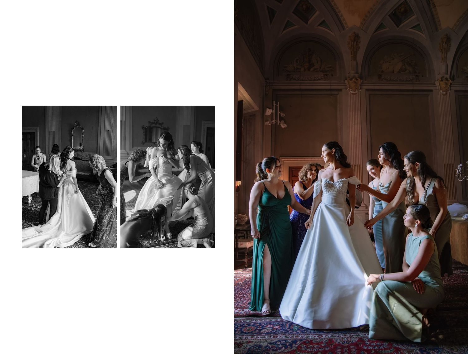 Bride surrounded by bridesmaids in elegant gowns getting ready in an ornate room, captured in both black and white and color.