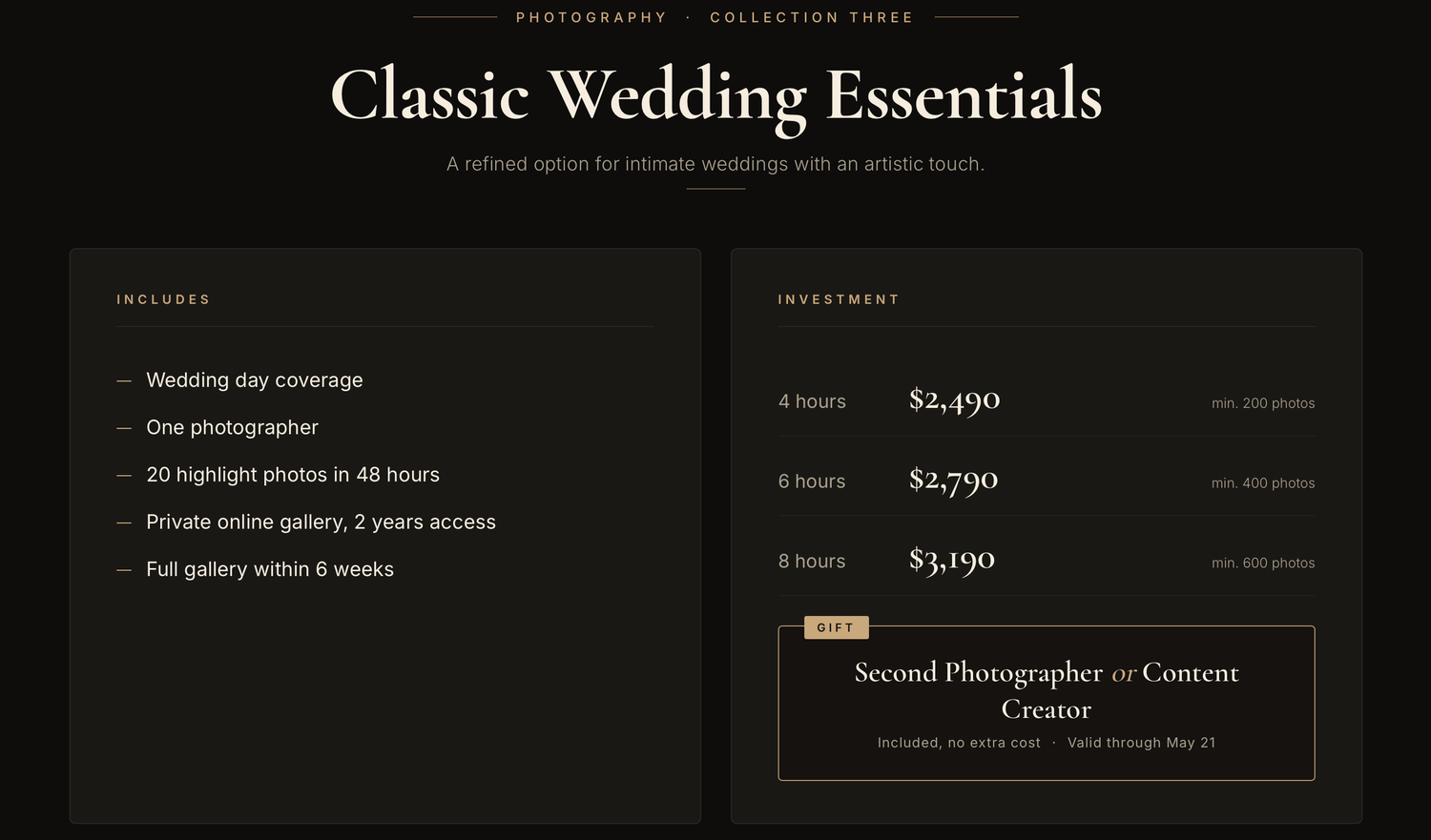 Classic Wedding Essentials photography package pricing guide showing coverage options from 6-8 hours starting at $2,490.
