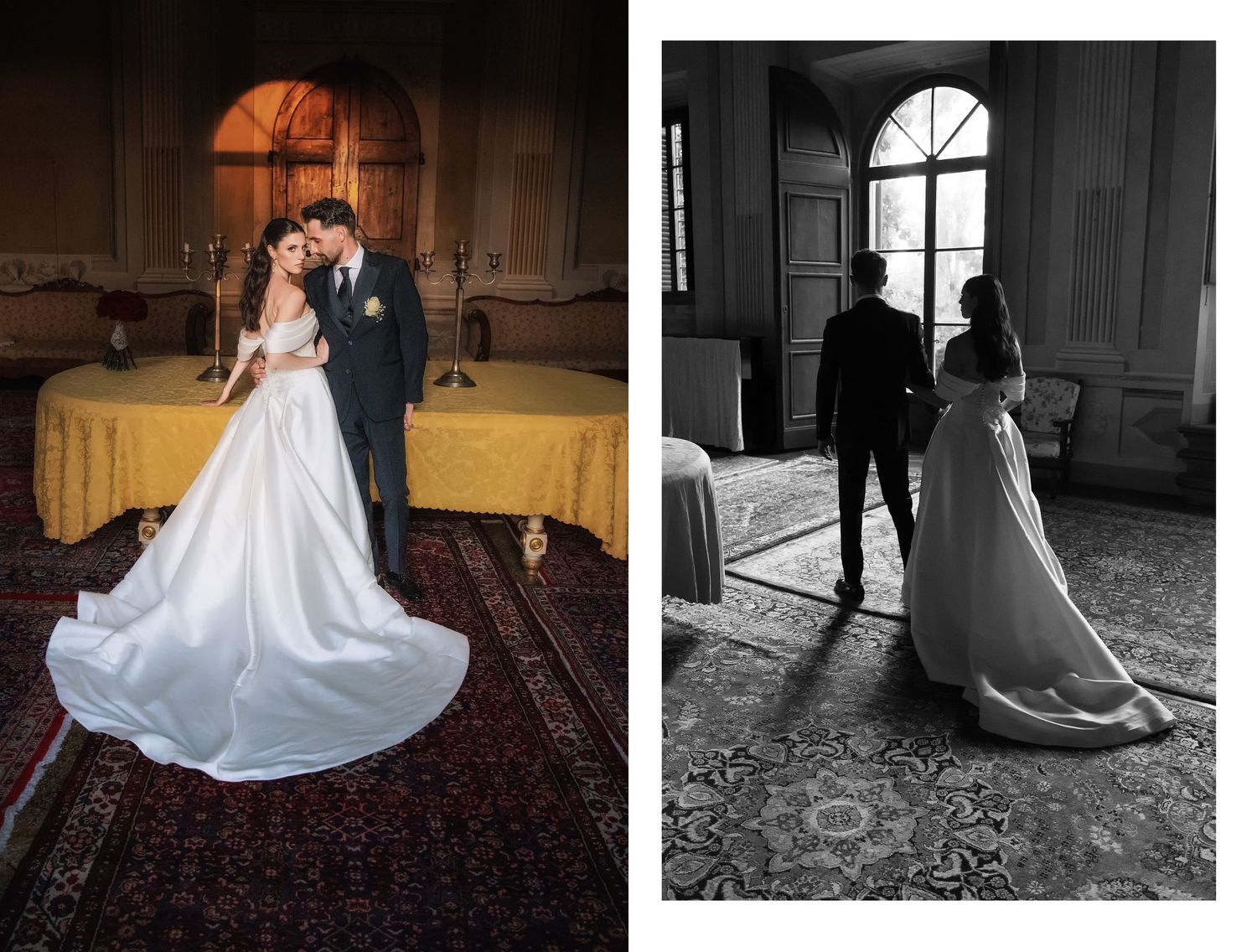 Bride and groom pose in elegant castle hall, color and black-white wedding photos showing flowing white gown train.