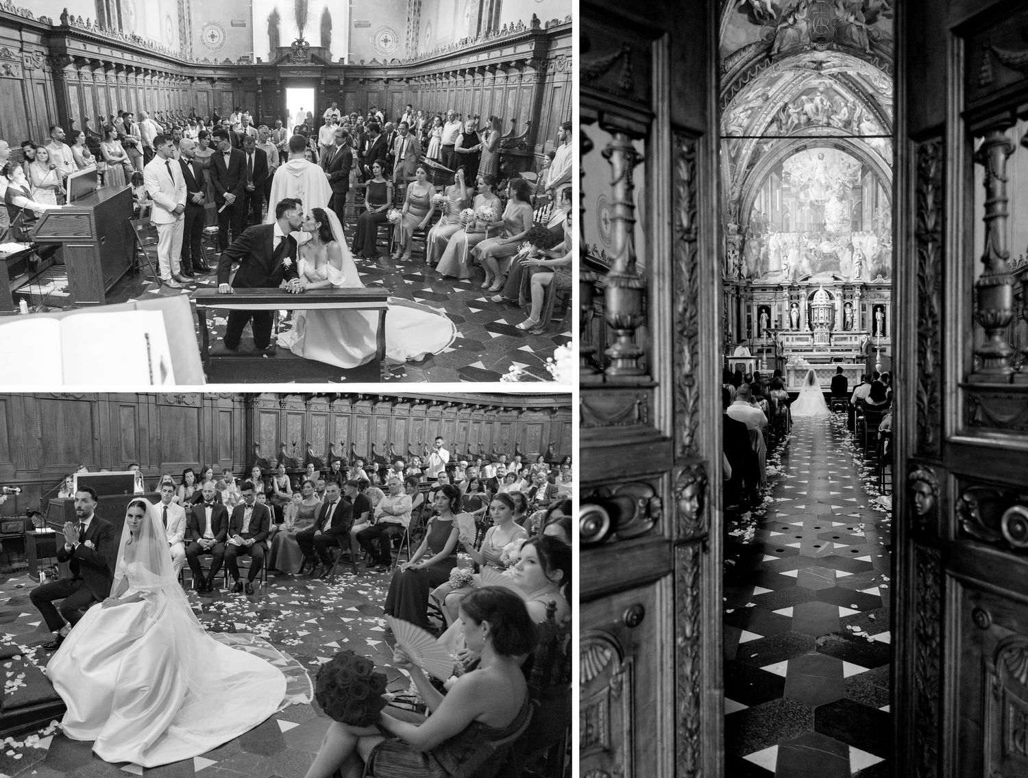 Black and white wedding ceremony photos in an ornate church, showing bride, groom, and guests gathered in elegant surroundings.